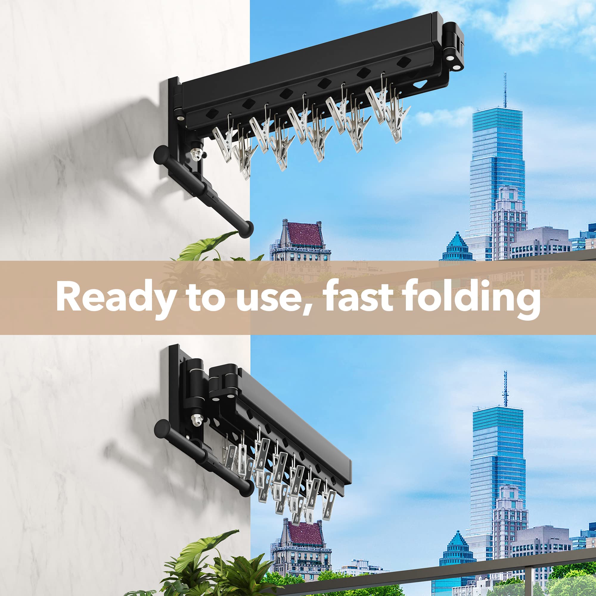 HEILAIYI Wall Mounted Clothes Hanger Clothes Drying Rack Laundry Drying Rack Clothes Rack Laundry Rack Wall Mount Retractable Collapsible Drying Rack Clothing (Windproof Holes with Clips) Black