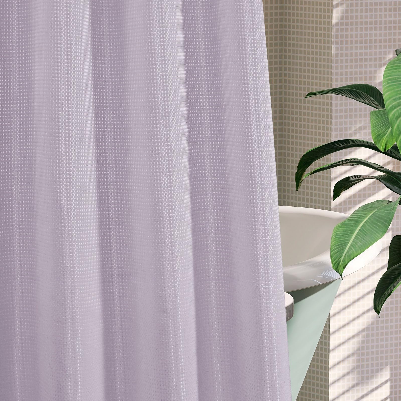 Mitovilla No Hooks Needed Extra Long Shower Curtain Set With Snap-In Liner, Purple 86 Inch Xl Heavyweight Waffle Fabric Cloth Sh