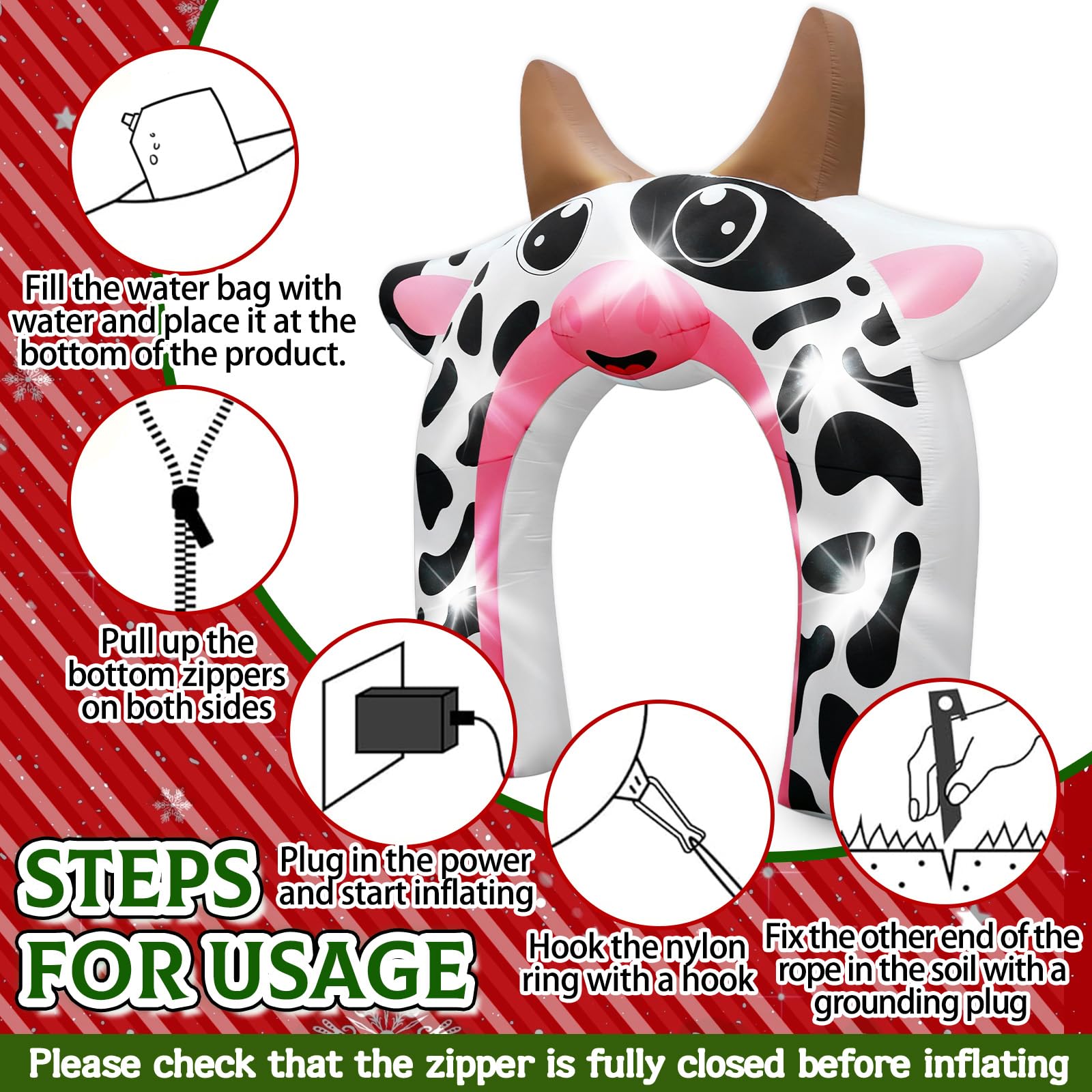 12FT Christmas Inflatable Cow Arch Outdoor Decorations Giant Cow Inflatables with Built-in 5 LED Lights Farm Animals Blow Up Gar