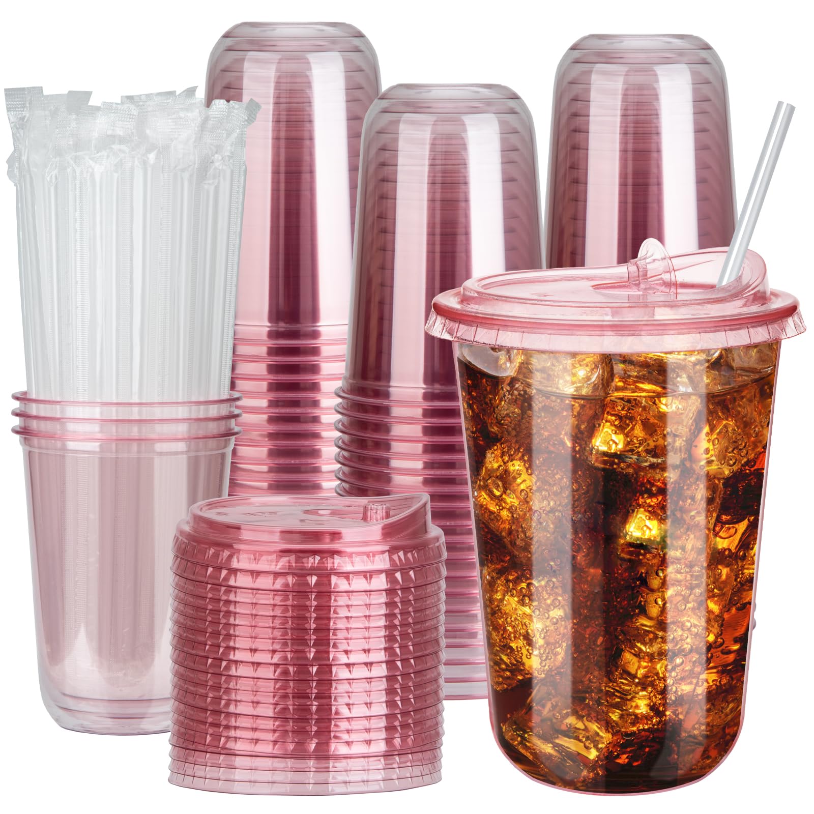 100 Sets 16oz Disposable Stemless Plastic Cups with Strawless Sip Lids, Clear PET Coffee Cups for Iced Coffee, Smoothies, Cold D