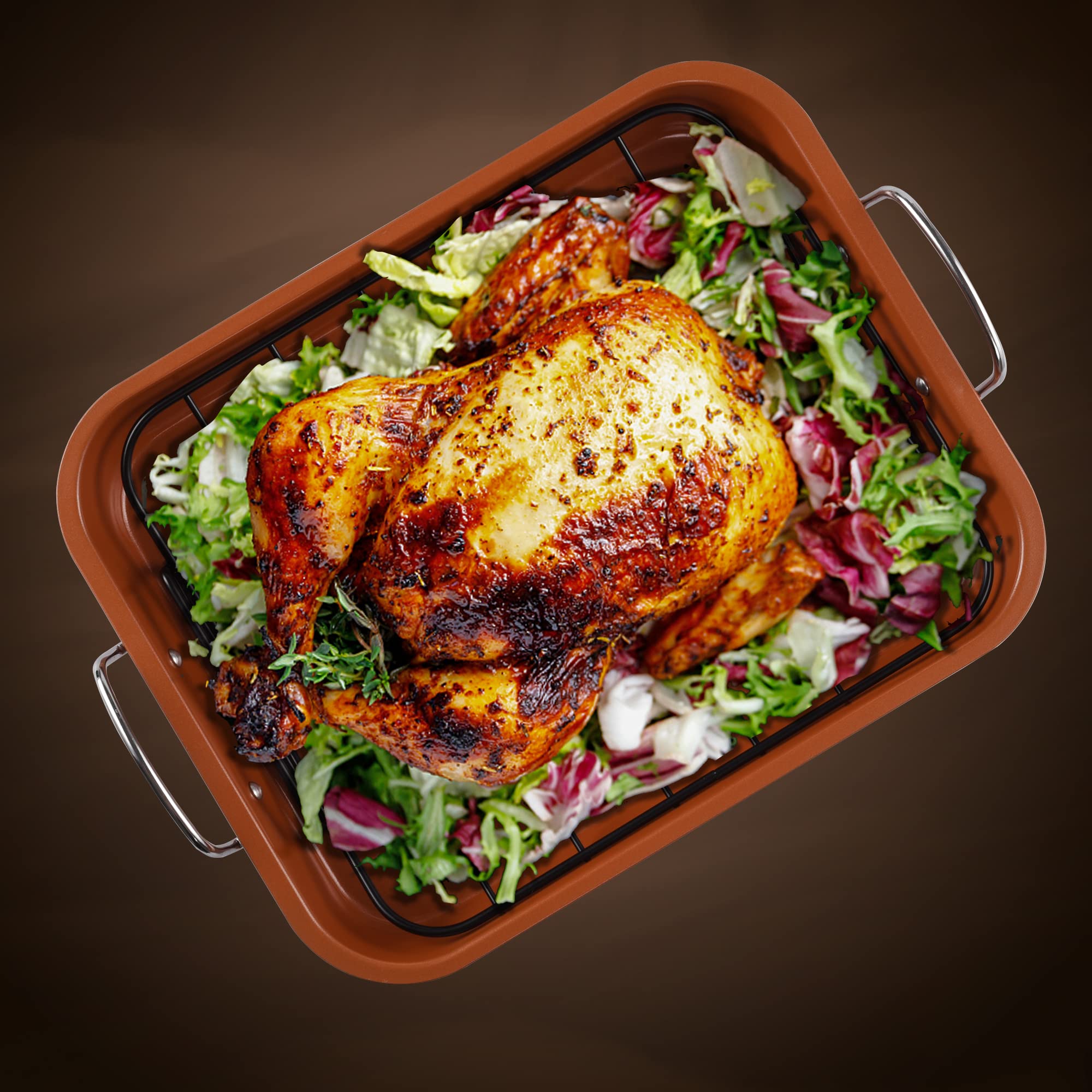 KitCom Nonstick Roasting Pan, Roaster with Cooling Rack and V-Rack - 16 Inch Rectangular Turkey Roaster Lasagna Pan for Easter,