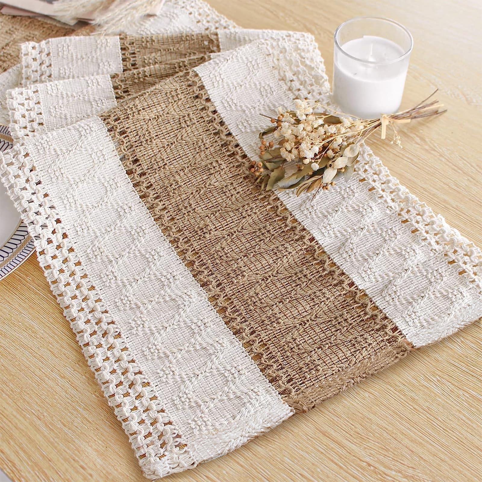 FEXIA Boho Table Runner for Thanksgiving Home Decor 48 Inches Long Farmhouse Rustic Table Runner Cream & Brown Macrame(Without T