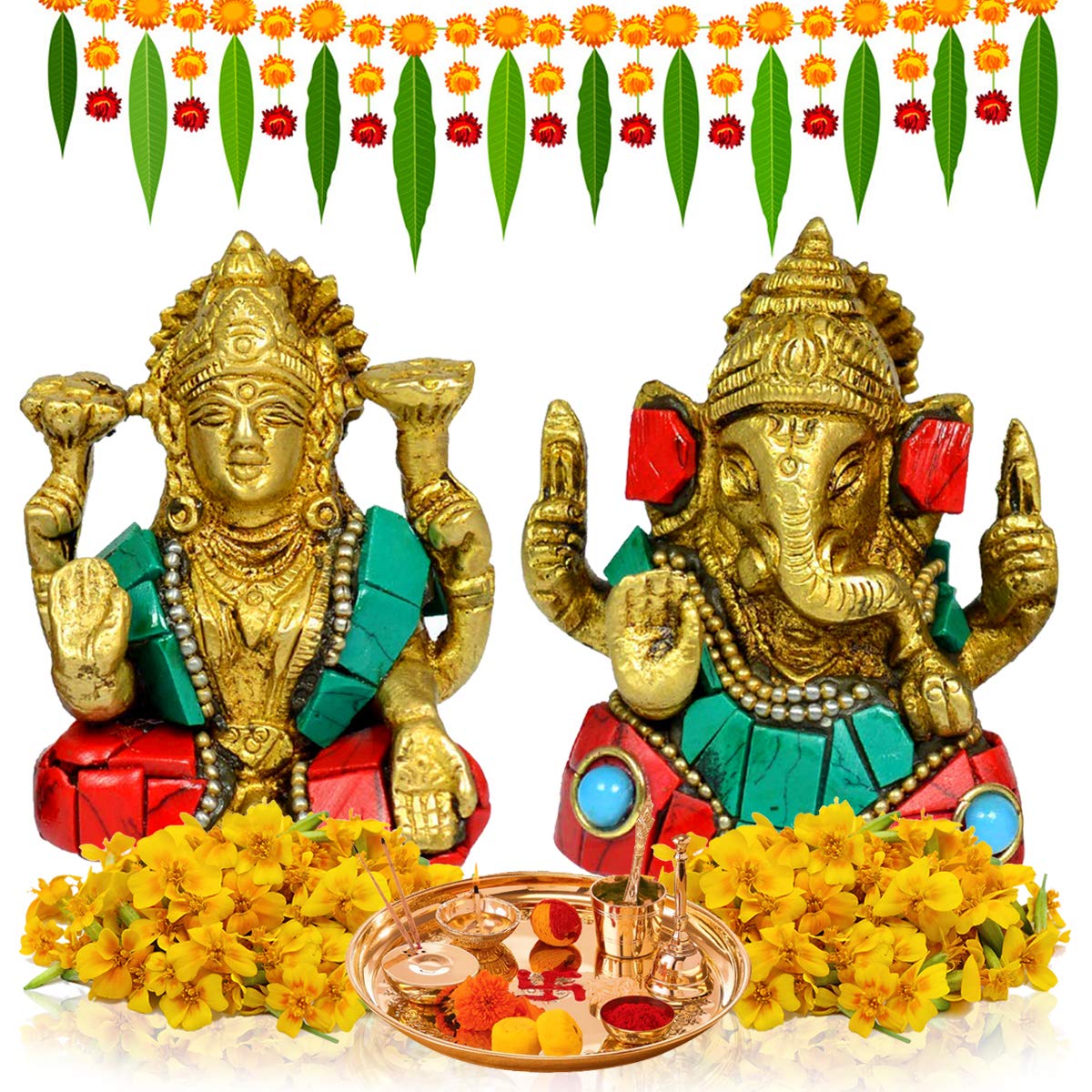 Crystu Brass Ganesh Lakshmi Idol | Pital Ganesha And Laxmi Murti For Pooja Room, Home Decor | Laxmi Statue For Diwali Puja (Pair