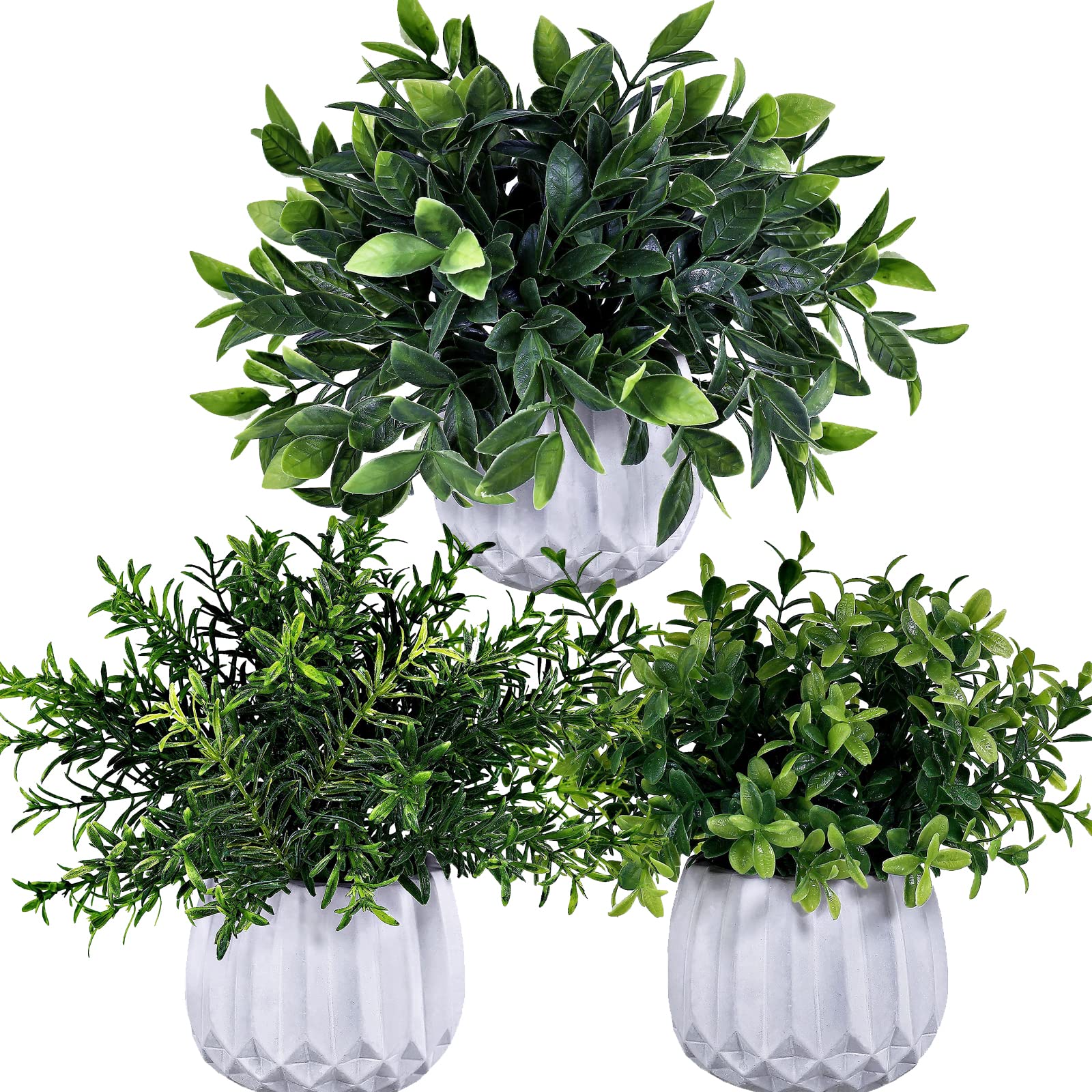 Winlyn 3 Pcs Faux Potted Plants Set - Artificial Eucalyptus, Rosemary, Boxwood Greenery in Small White Geometric Planters for In