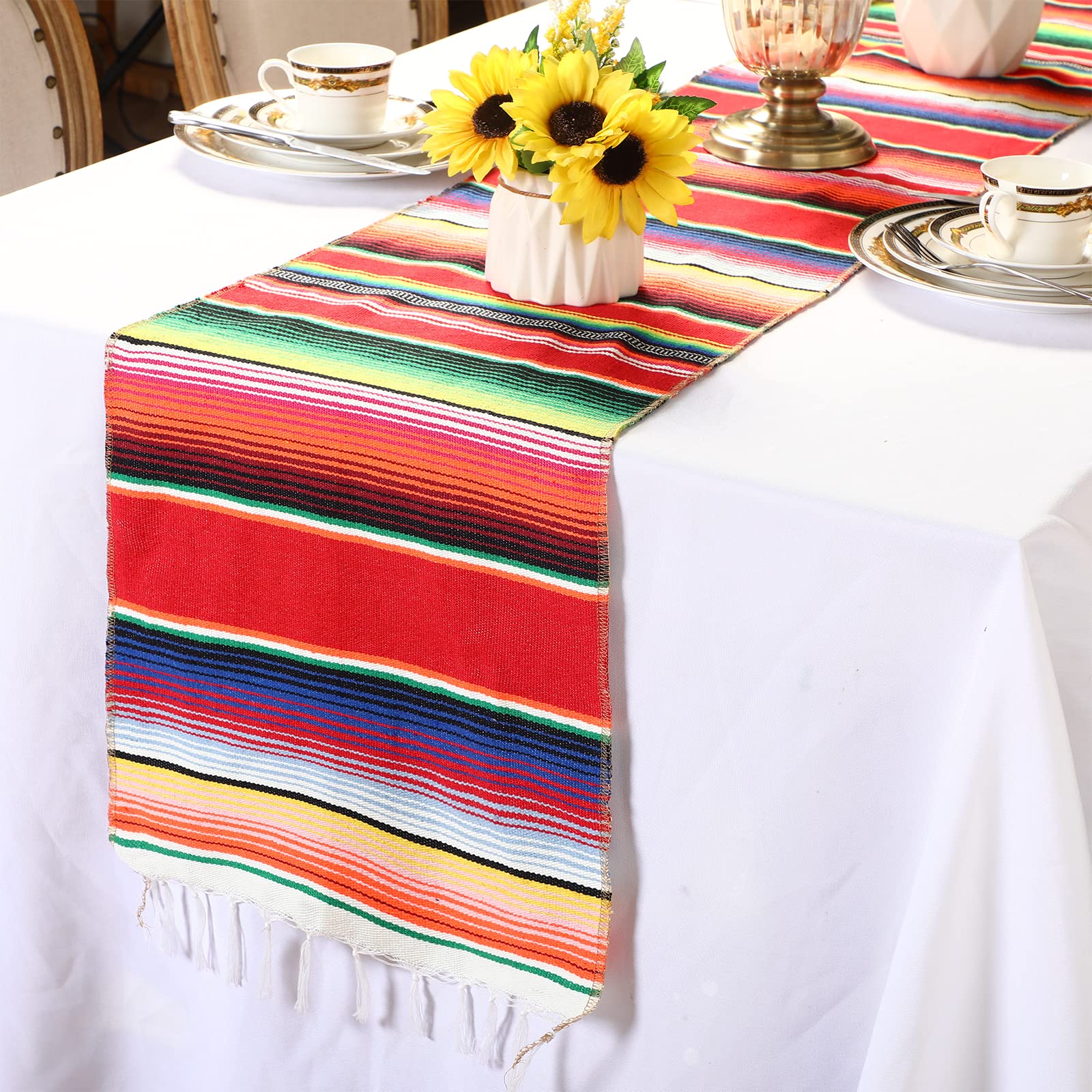 12 Pcs Mexican Serape Table Runner Mexican Party Table Blanket Serape Colorful Striped Runner Fringe Cotton Table Runner Decorat