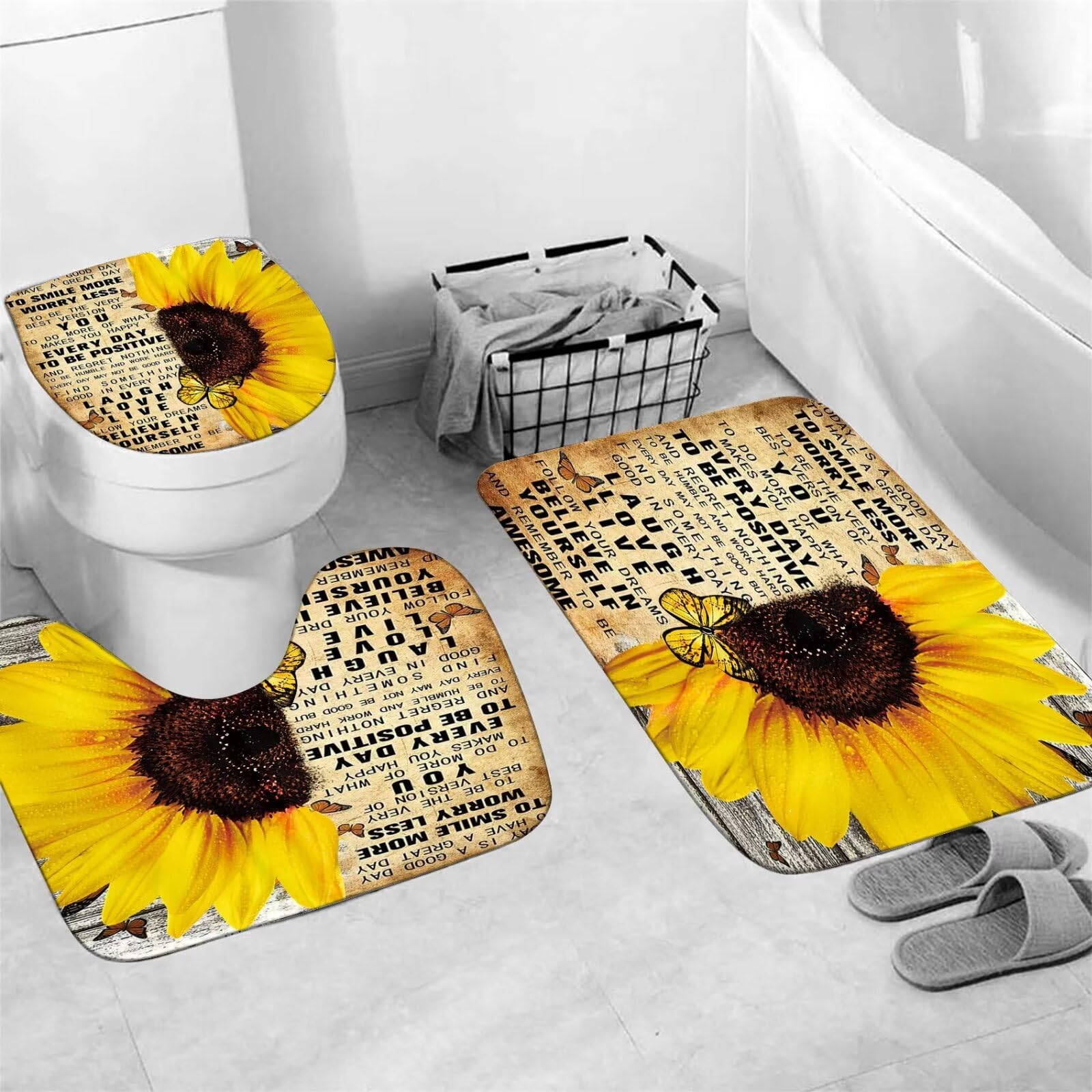 Azhm 4Pcs Shower Curtain Sets With Rugs Sunflower Bathroom Set D  Cor Inspirational Quotes Bathroom Curtains Shower Set With Rug
