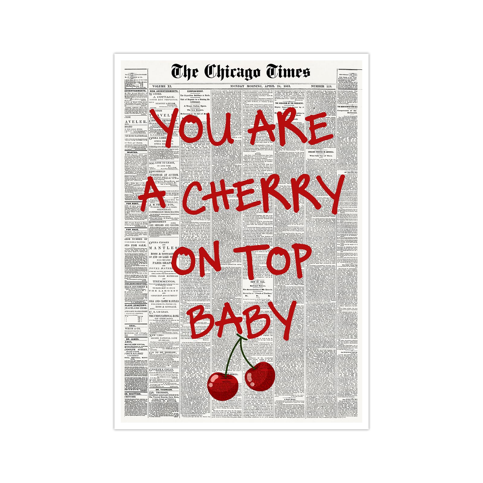 Vintage Newspaper Wall Art Trendy You Are A Cherry On Top Baby Posters Minimalist Home Aesthetic Canvas Prints Preppy Y2K Wall D
