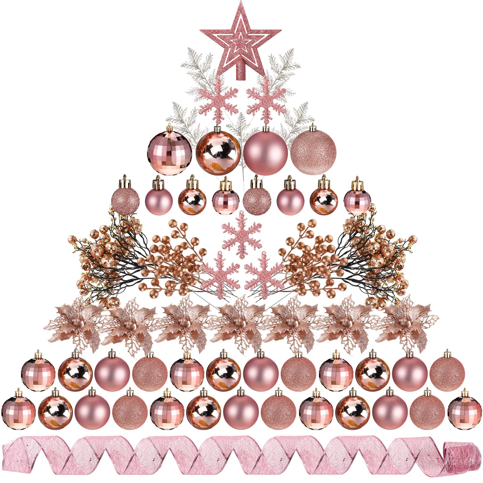 Sratte 94 Pcs Christmas Tree Decorations Set, Christmas Tree Ball Ornaments Glitter Poinsettia Flowers Decorations Glitter Berri