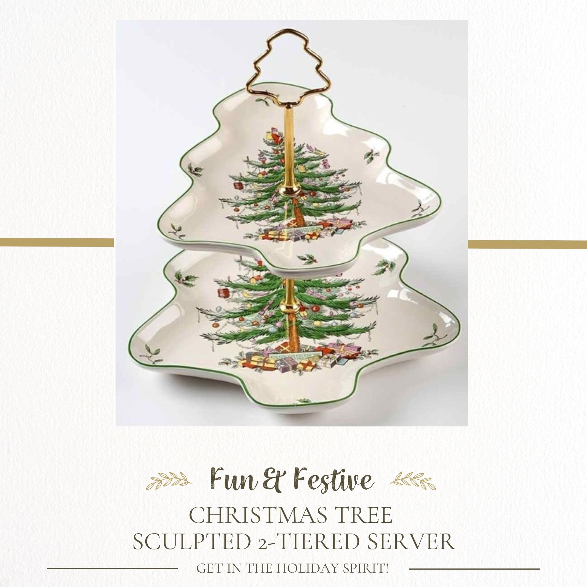 Spode Christmas Tree 2-Tiered Server, Tree-Shaped - Holiday Cupcake Stand, Dessert Display Set, Porcelain Serving Platter, 10 &