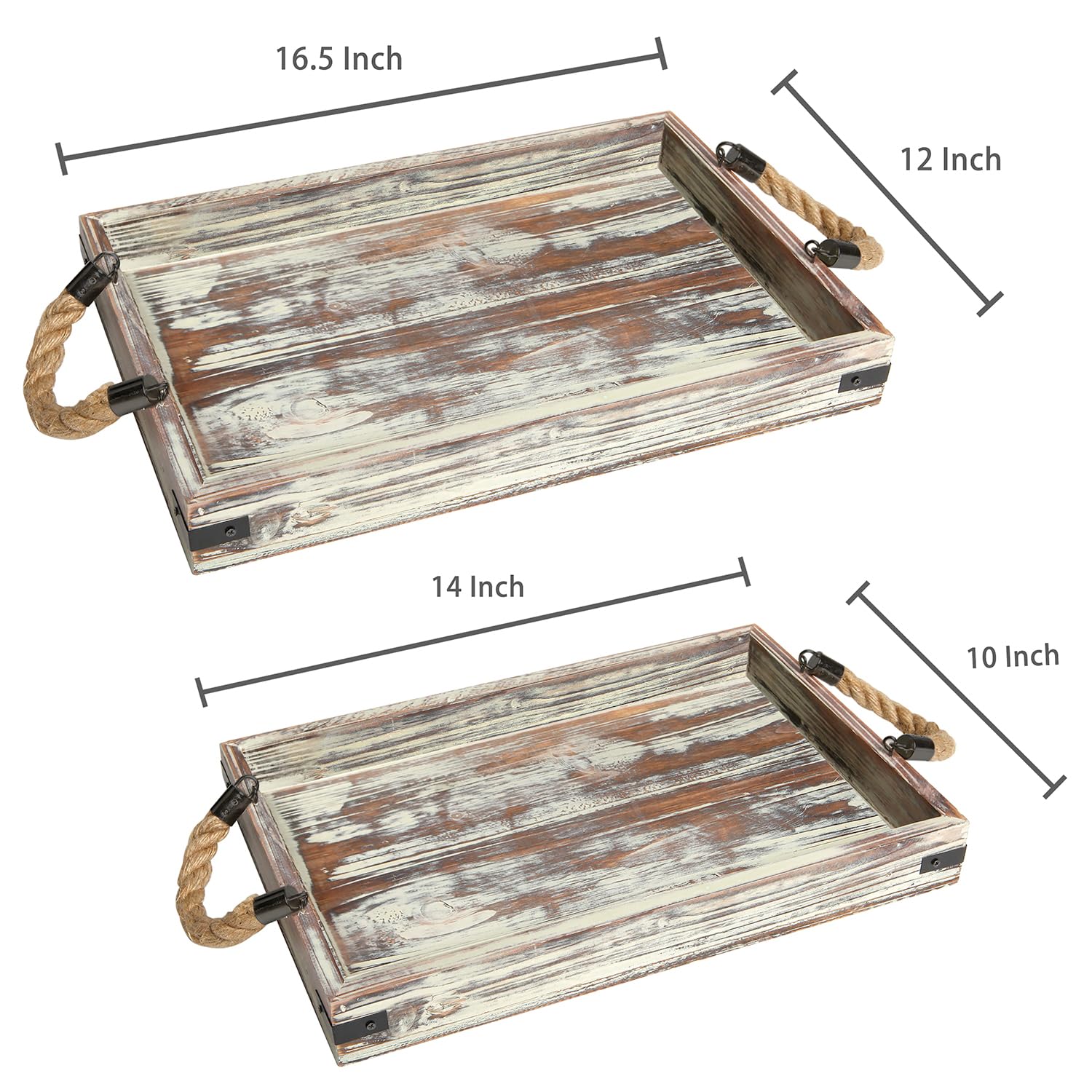 Mygift 2 Piece Set Rustic Torched Wood And Black Metal Decorative Nesting Serving Trays With Rope Handles For Breakfast In Bed,