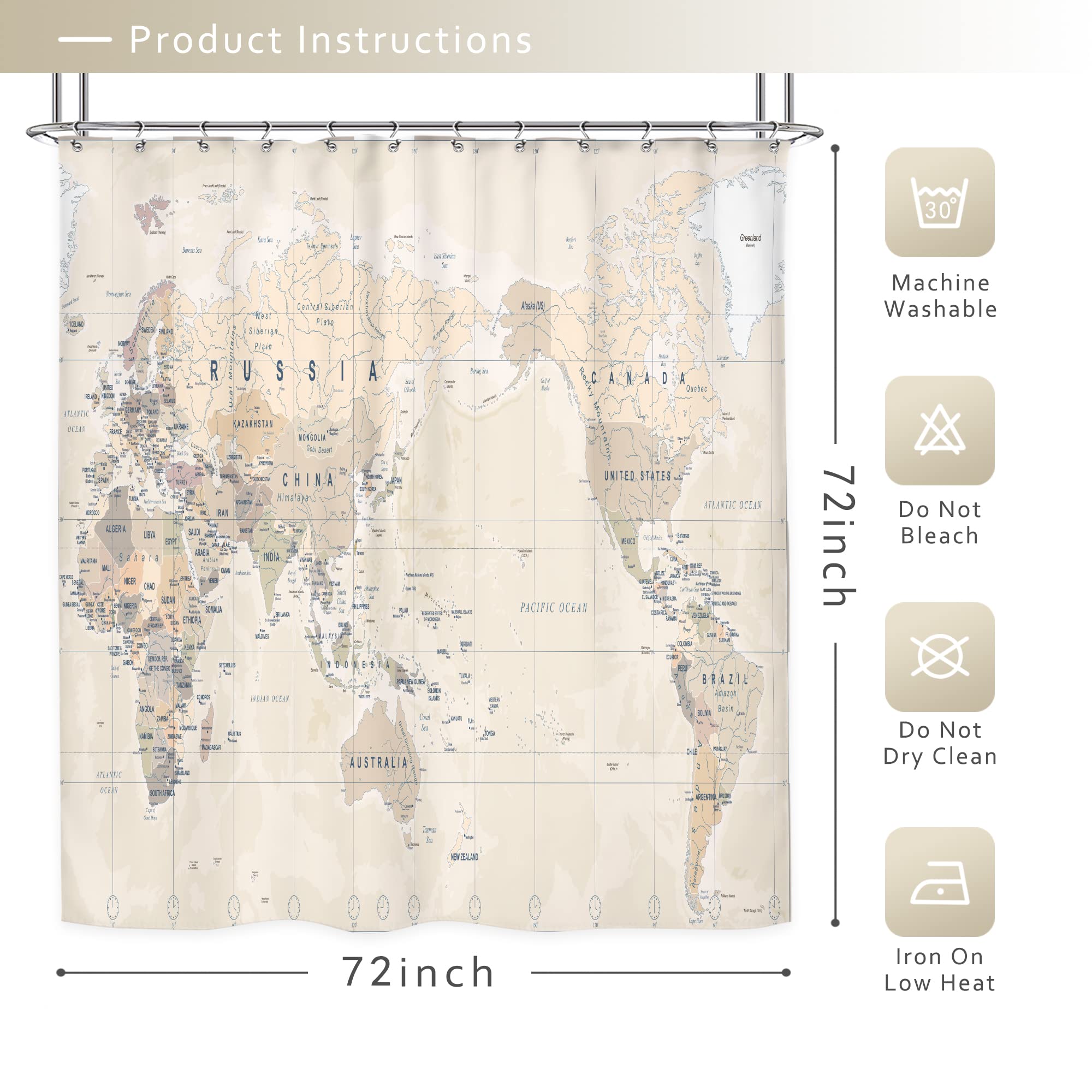 Riyidecor World Map Shower Curtain Travel Educational Vintage Geograph ...