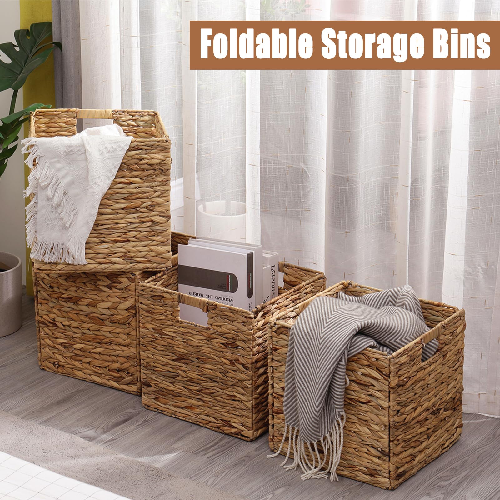 Wicker Storage Basket Water Hyacinth Woven Basket Wicker Storage Cubes,Foldable Baskets For Shelves,Handwoven Laundry Totes For