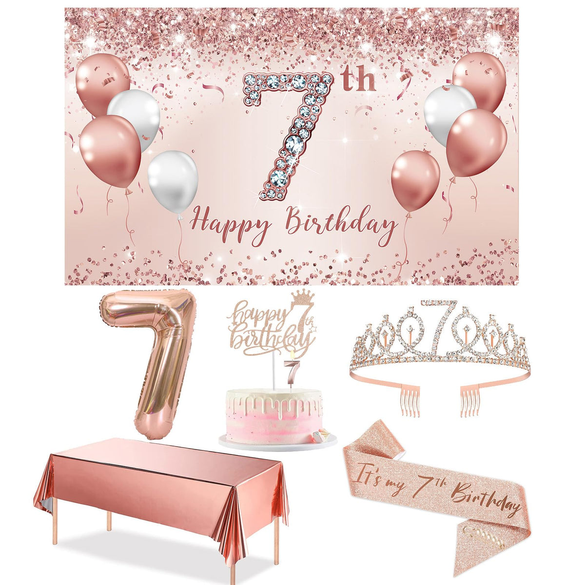 Trgowaul 7Th Birthday Decorations Party Set For Girls, Rose Gold 7 Birthday Banner And Tablecloth, 7 & Fabulous Sash And Tiara,
