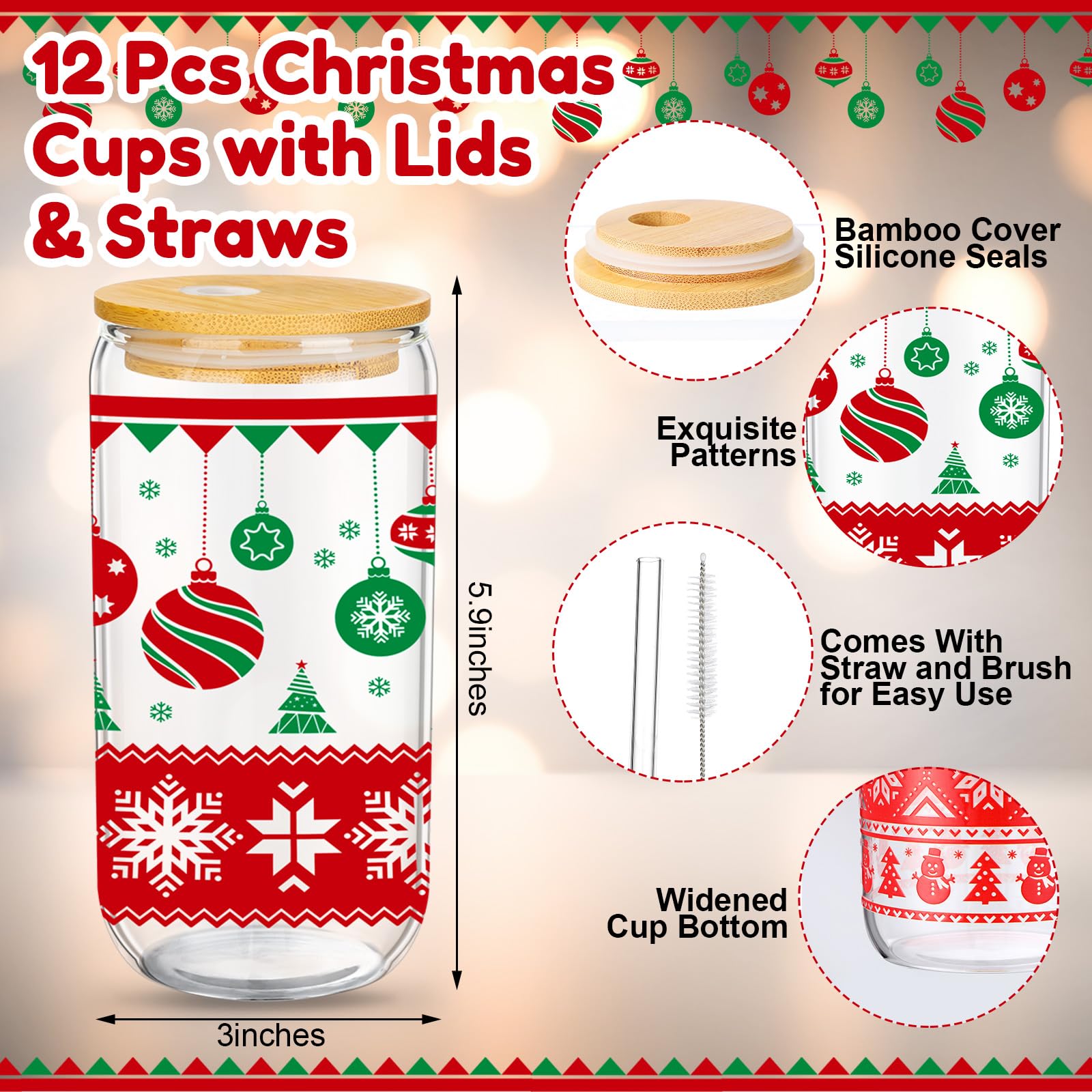 Skylety 12 Set Christmas Gifts Bulk 16 oz Red and Green Glass Cups with Lids Straws Xmas Notebook Sticky Note Pens for Employee