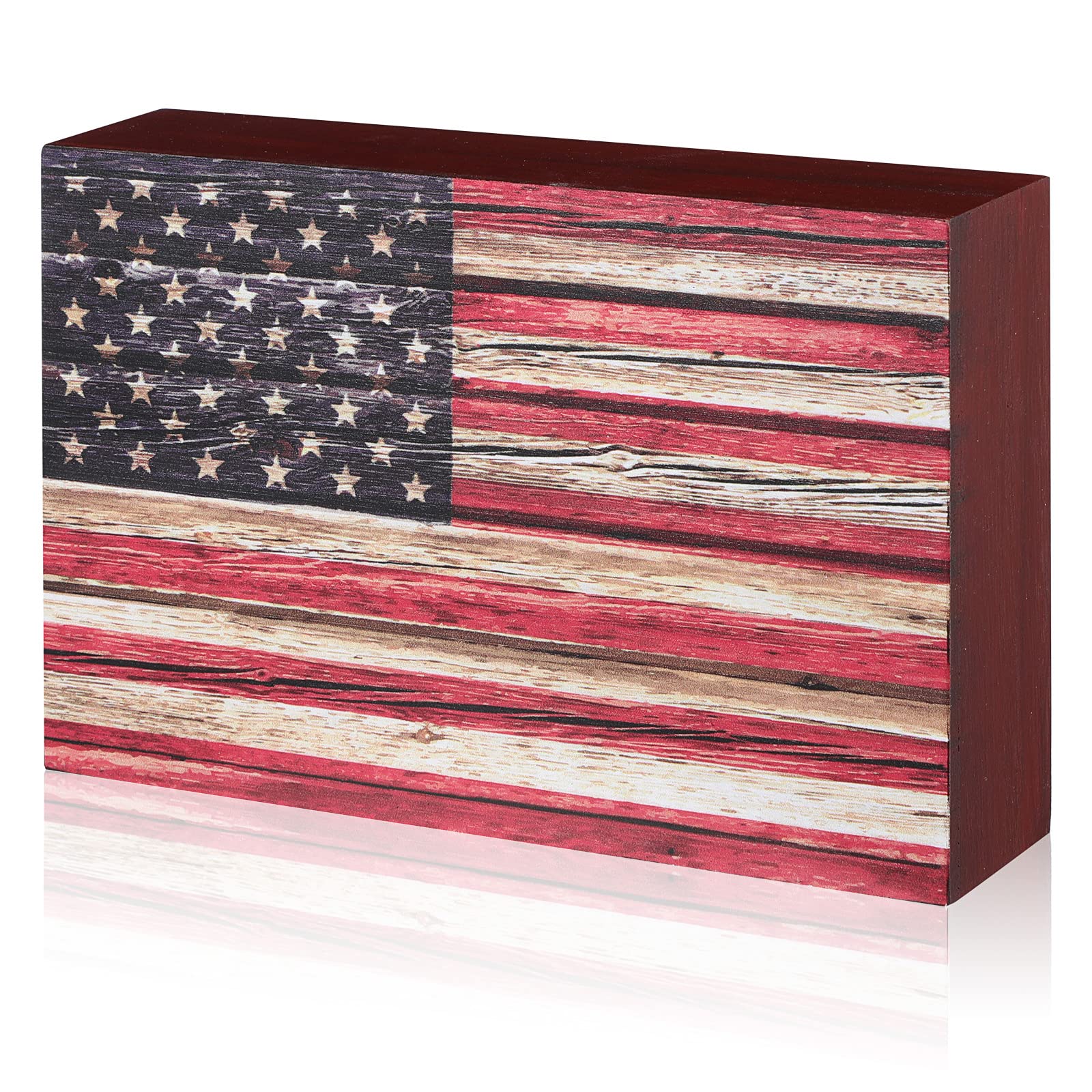 Sintuff Patriotic Wooden American Flag Box Sign 4th of July Wood Block Patriotic Wall Art Vintage US Flag Tiered Tray Decoration