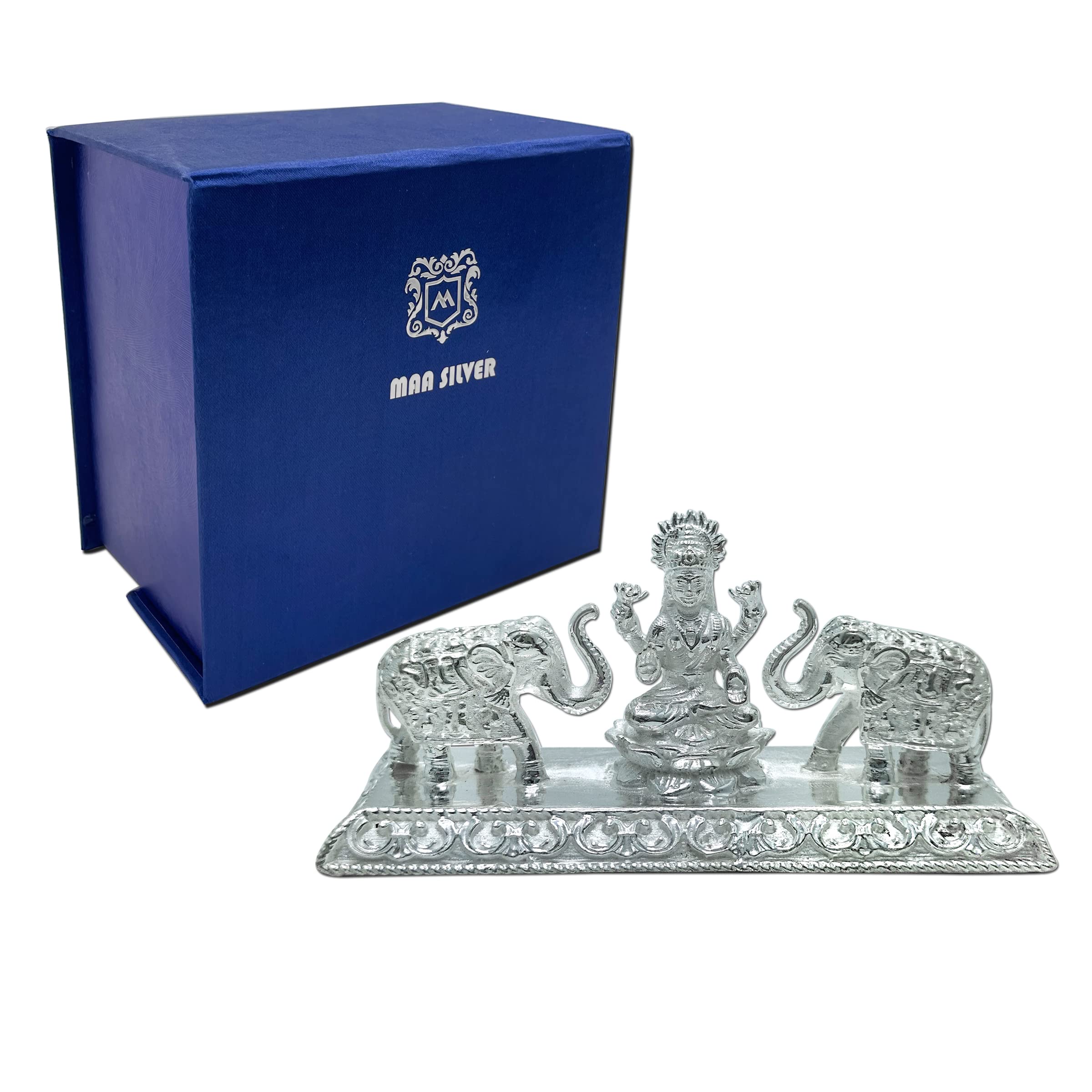 Maa Silver Pure Silver Gaj Laxmi/Lakshmiji Bis Hallmarked Solid Idol/Murti On Lotus Kamal With Elephant At Each Sides Perfect Fo