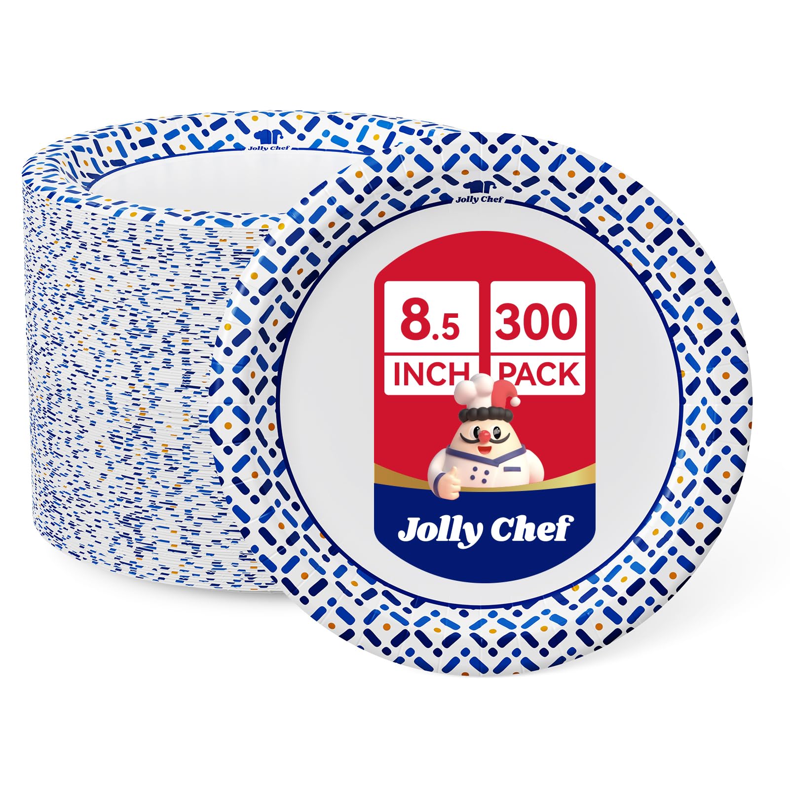 JOLLY CHEF 300 Count 8.5 Inch Paper Plates, Soak-Proof, Cut Proof, Disposable Heavy Duty Plates for Everyday Use, Picnic, Family