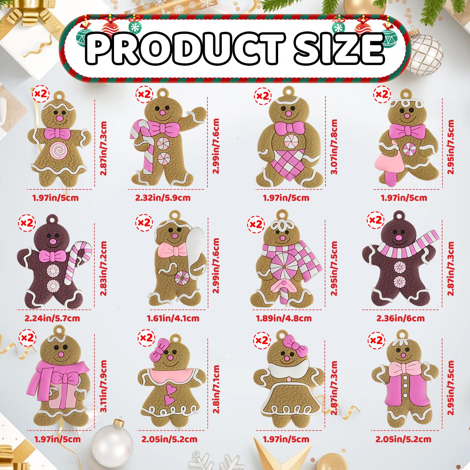 Gingerbread Man Ornaments Christmas Tree Decorations - 24pcs Pink Gingerbread Man Christmas Decorations Hanging Ornaments for Ho