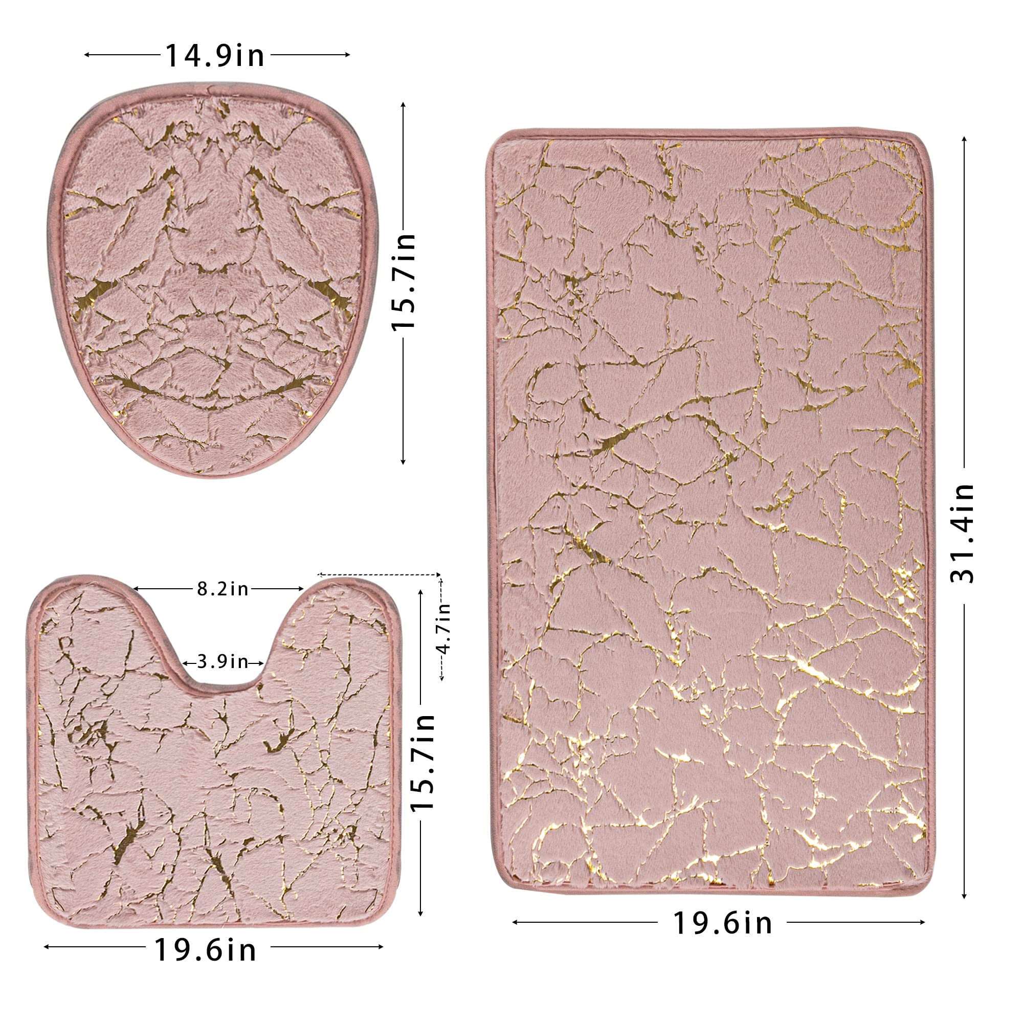 Marble Bathroom Rugs and Mats Set 3 Piece Nonslip Pink Bathroom Mats Soft Washable Bath Mat for Bathroom Floor Mats Carpet Water Absorbent Shower Rug with U-Shaped Contour Rug Toilet Lid Cover