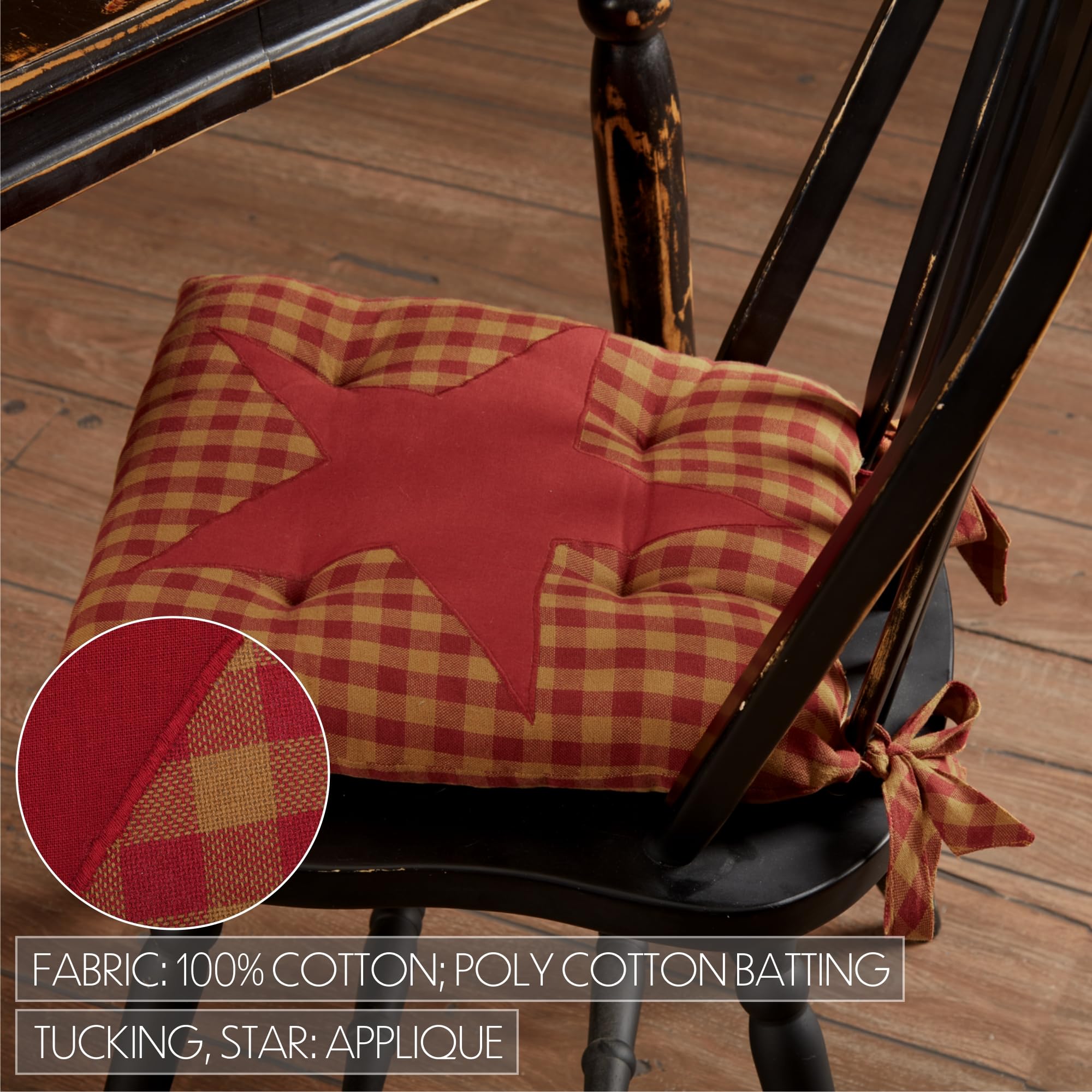 Vhc Brands Star Cotton Primitive Tabletop Kitchen Tie Back(S) Appliqued Square Chair Pad, King, Burgundy Red, 14 Inches