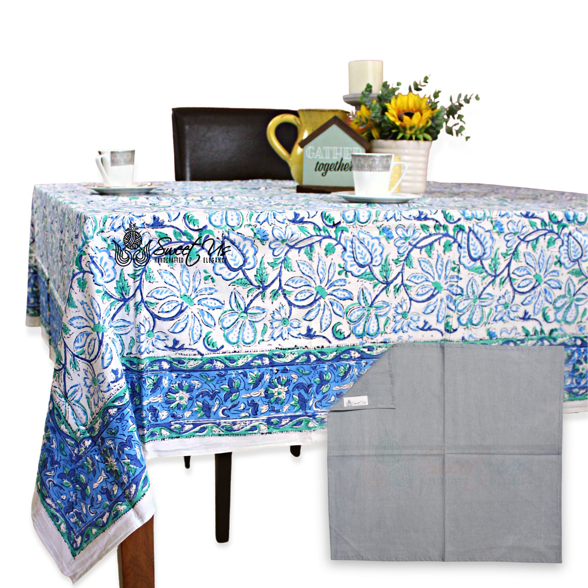 Sweet Us Venetia Block Print Tablecloth For Square Tables 70X70 And One Gray Napkin, Floral Cotton Kitchen, Dining Linen, Blue G