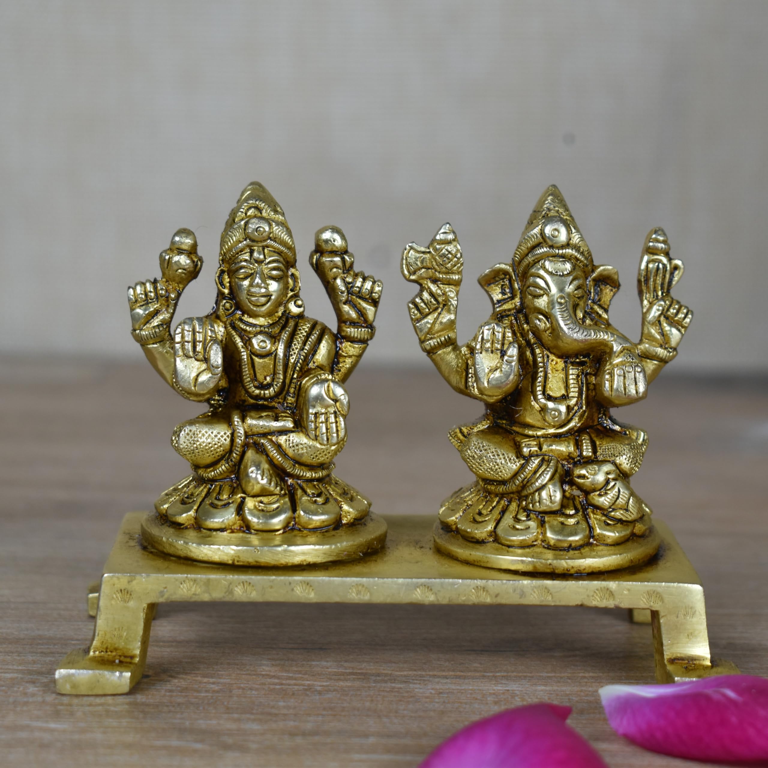 Vintage Gulley Brass Laxmi Ganesh Idol Set With Chowki Stand, Peetal Ganesha Lakshmi Paoti For Diwali Puja, Study Table, Pooja R