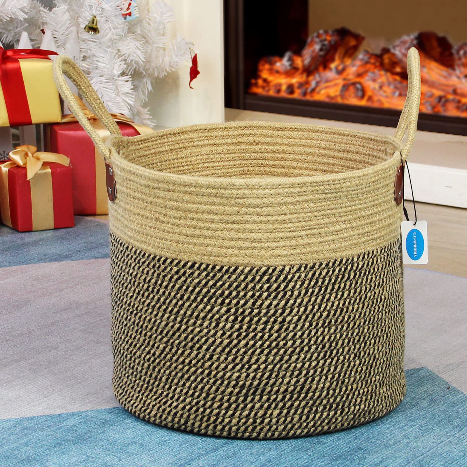 Casaphoria Jute Large Basket Woven Storage Basket With Handles - Natural Jute Laundry Basket For Towels Blanket Basket Home Deco
