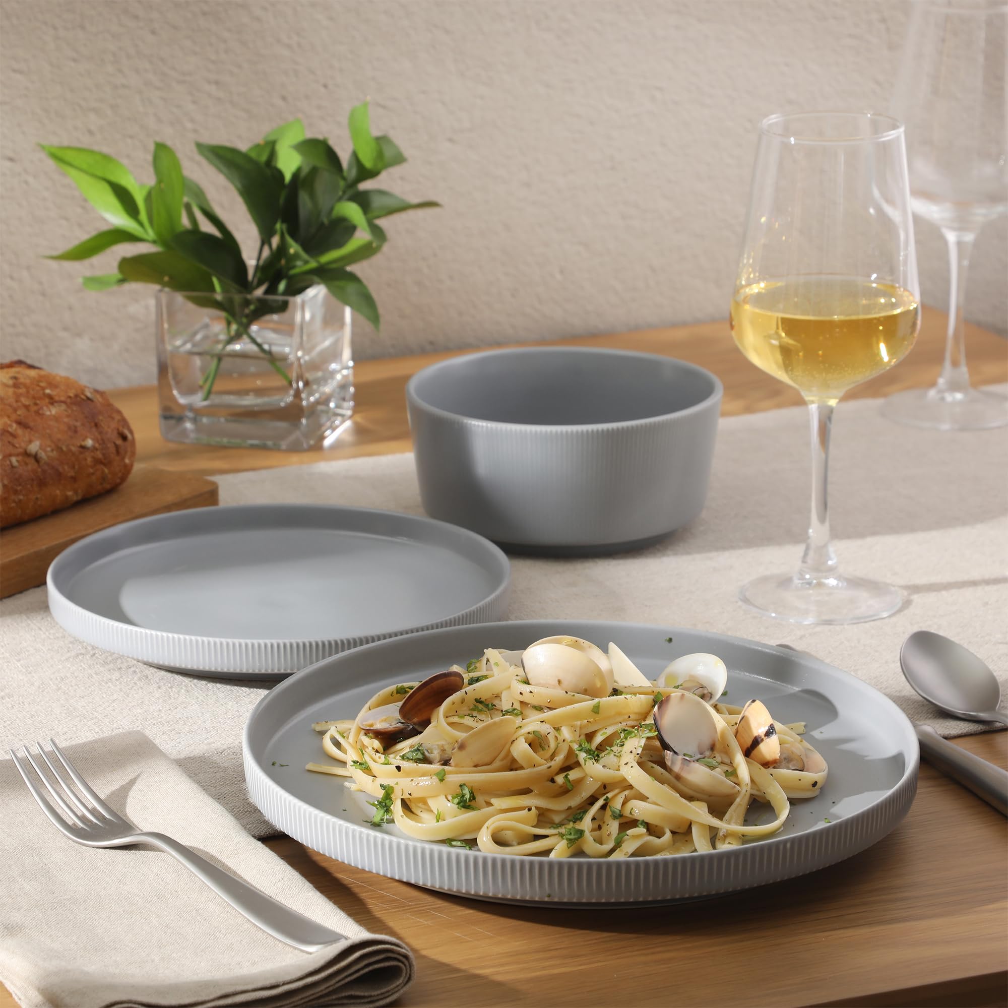 Gibson Home Dempsey Road 12-Piece Stoneware Dinnerware Set - Service for 4, Round Grey Plates and Bowls, Durable Solid Color Mod