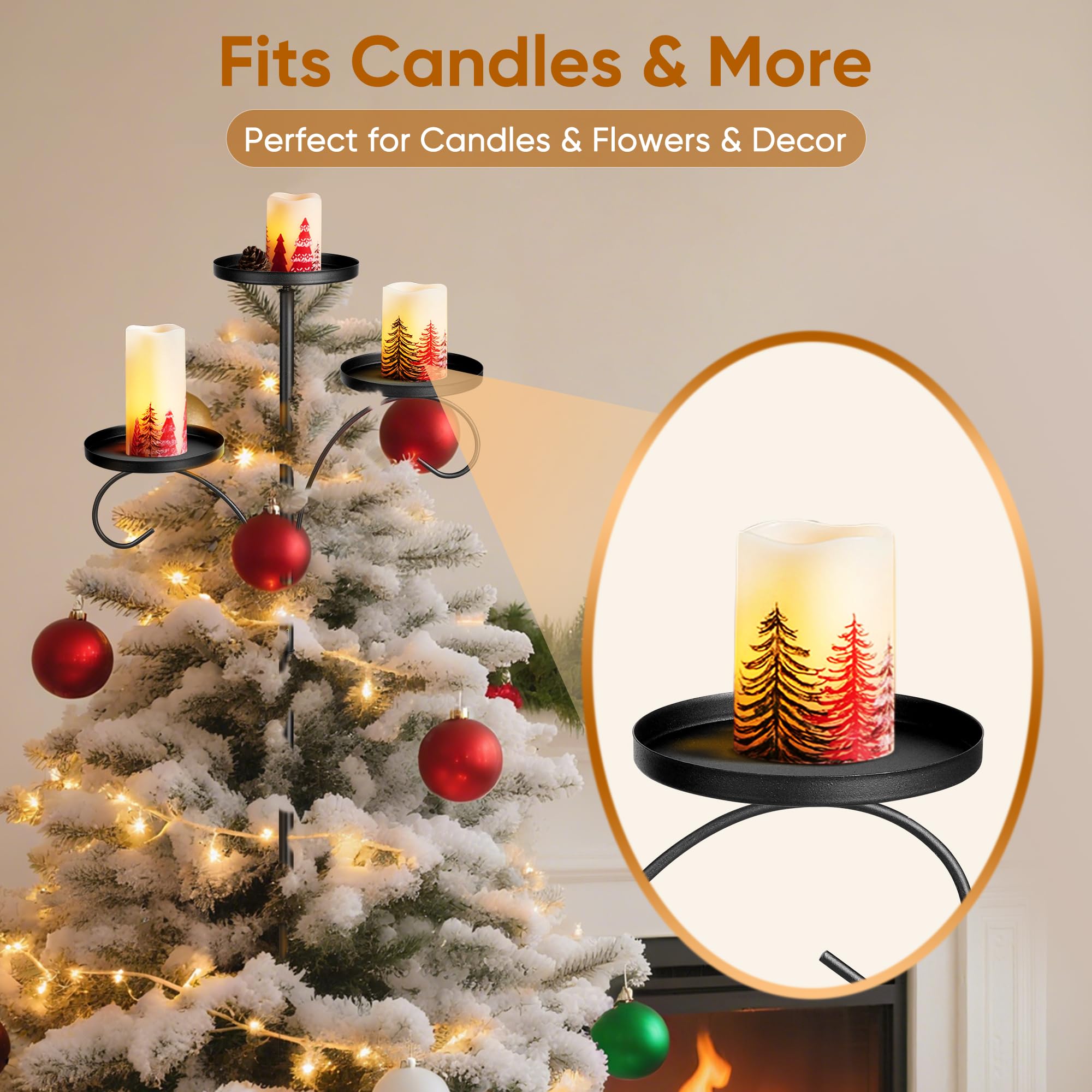 Christmas Tree Topper, 35.4'' Triple Topper Candle Holder, 3 Tier Black Candle Holder for Christmas Tree, Light up for Indoor Be