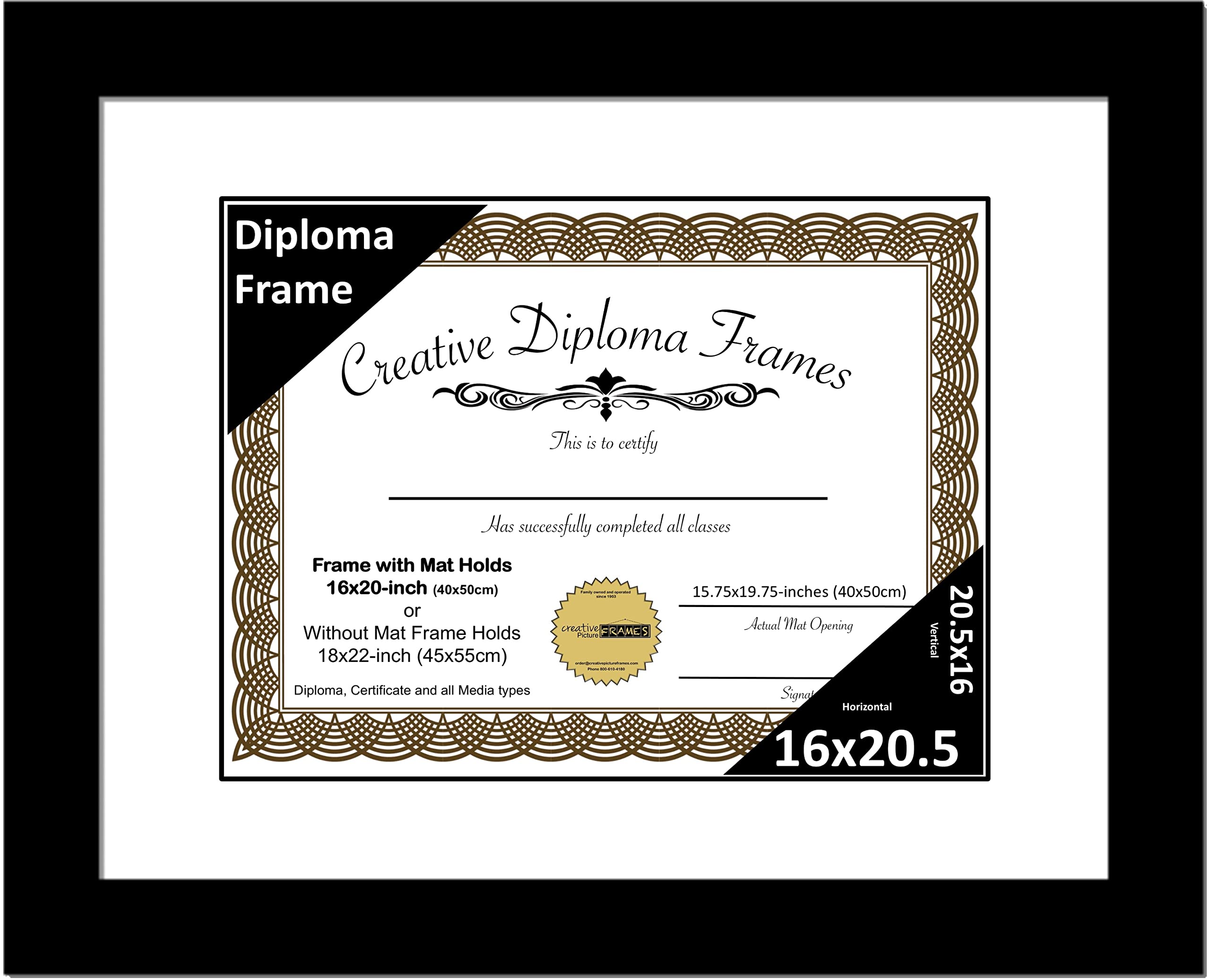 Creative Picture Frames 16x20.5 Classic Black Diploma Frame with White Mat Glass Easel and Installed Wall Hangers | Frame Holds 