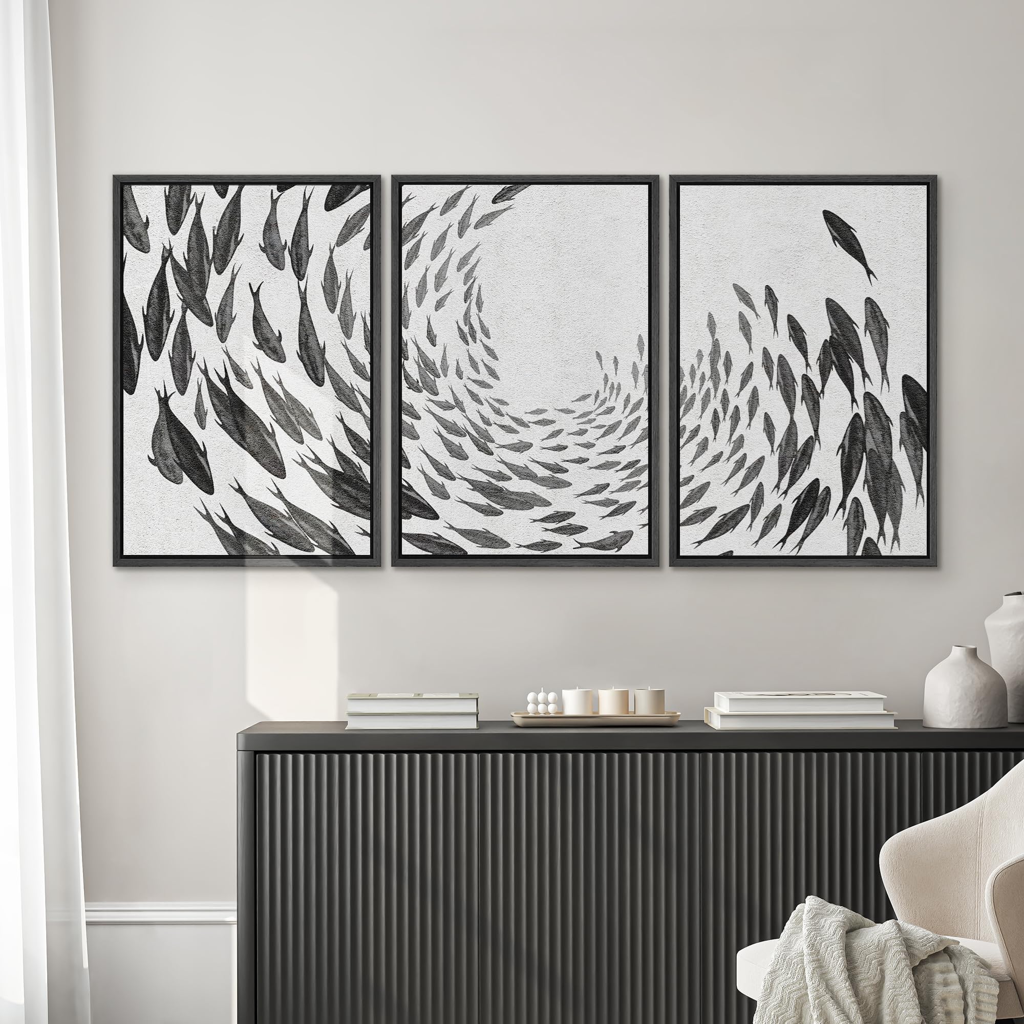 Signwin Framed Canvas Print Wall Art Swirling School Of Fish Abstract Shapes Illustrations Modern Art Minimalist Black And White