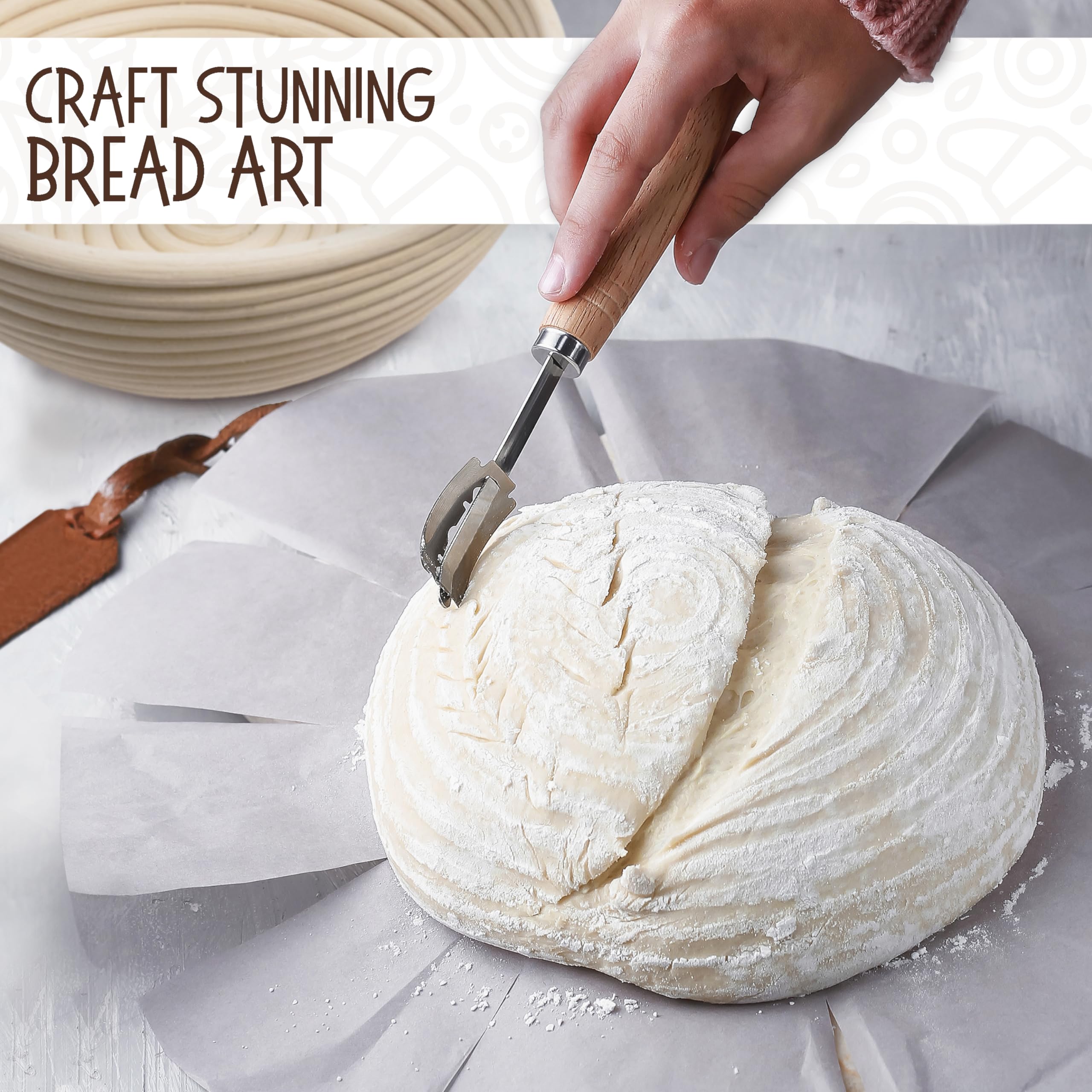 Superbaking 9 Round Banneton Bread Proofing Basket Gift Set- Sourdough Starter Kit for Crusty Artisan Style Loaves, Includes Es
