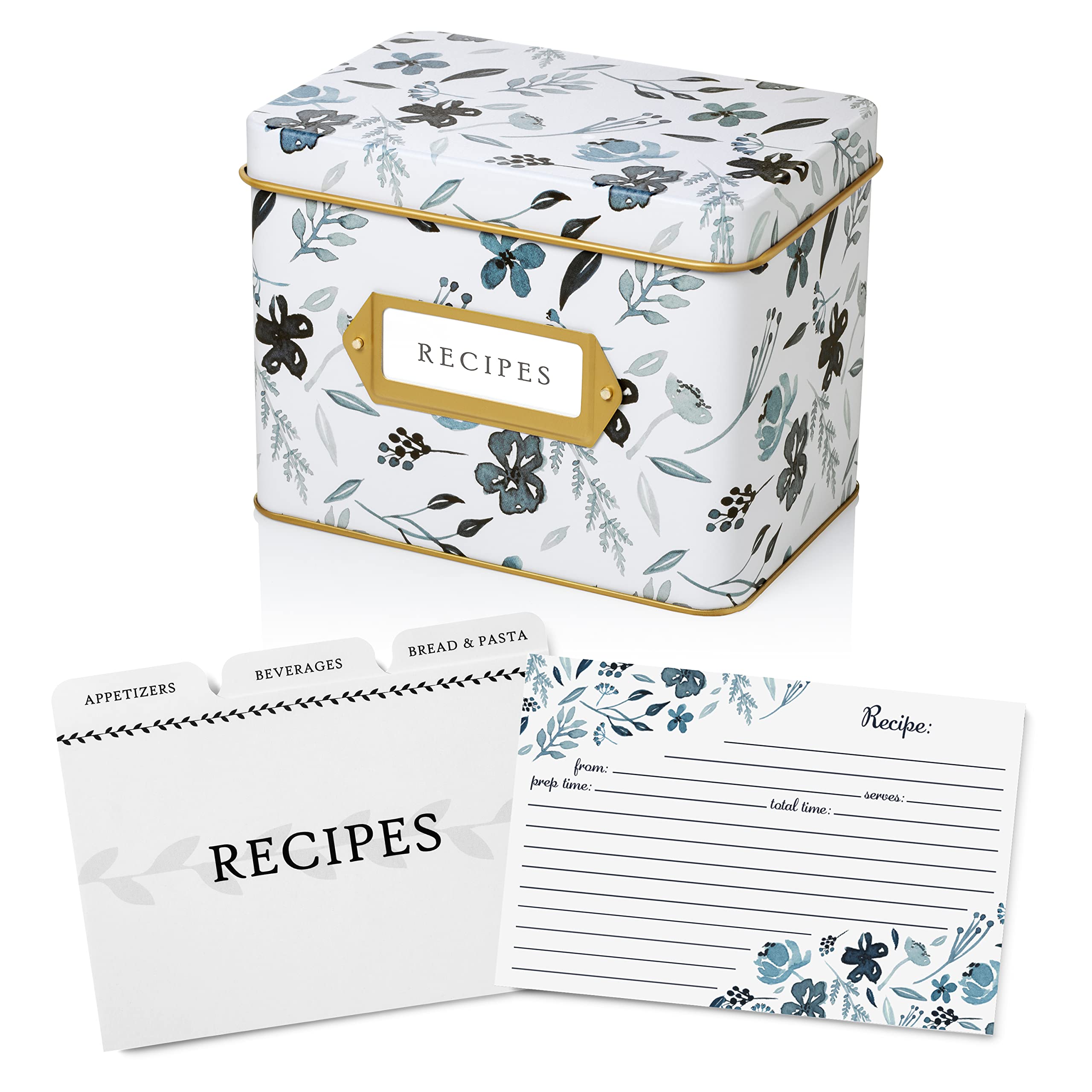Jot & Mark Recipe Card Complete Gift Box | Decorative Recipe Tin Box, Recipe Cards, Index Dividers (14 Dividers, 50 4X6 Inch Car