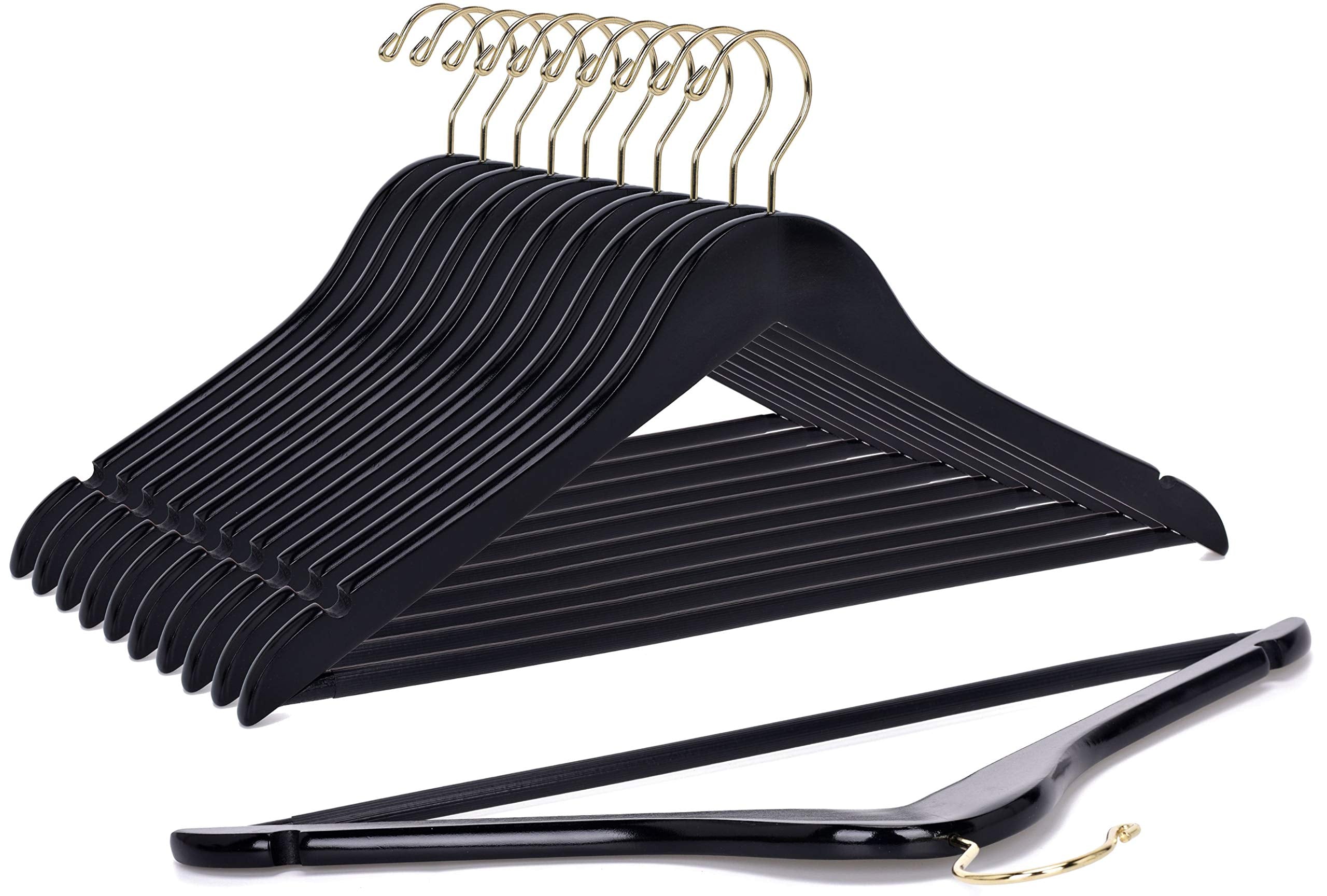 Quality Black Wooden Hangers - Slightly Curved Hanger Set Of 10-Pack - Solid Wood Coat Hangers With Stylish Chrome Hooks - Heavy