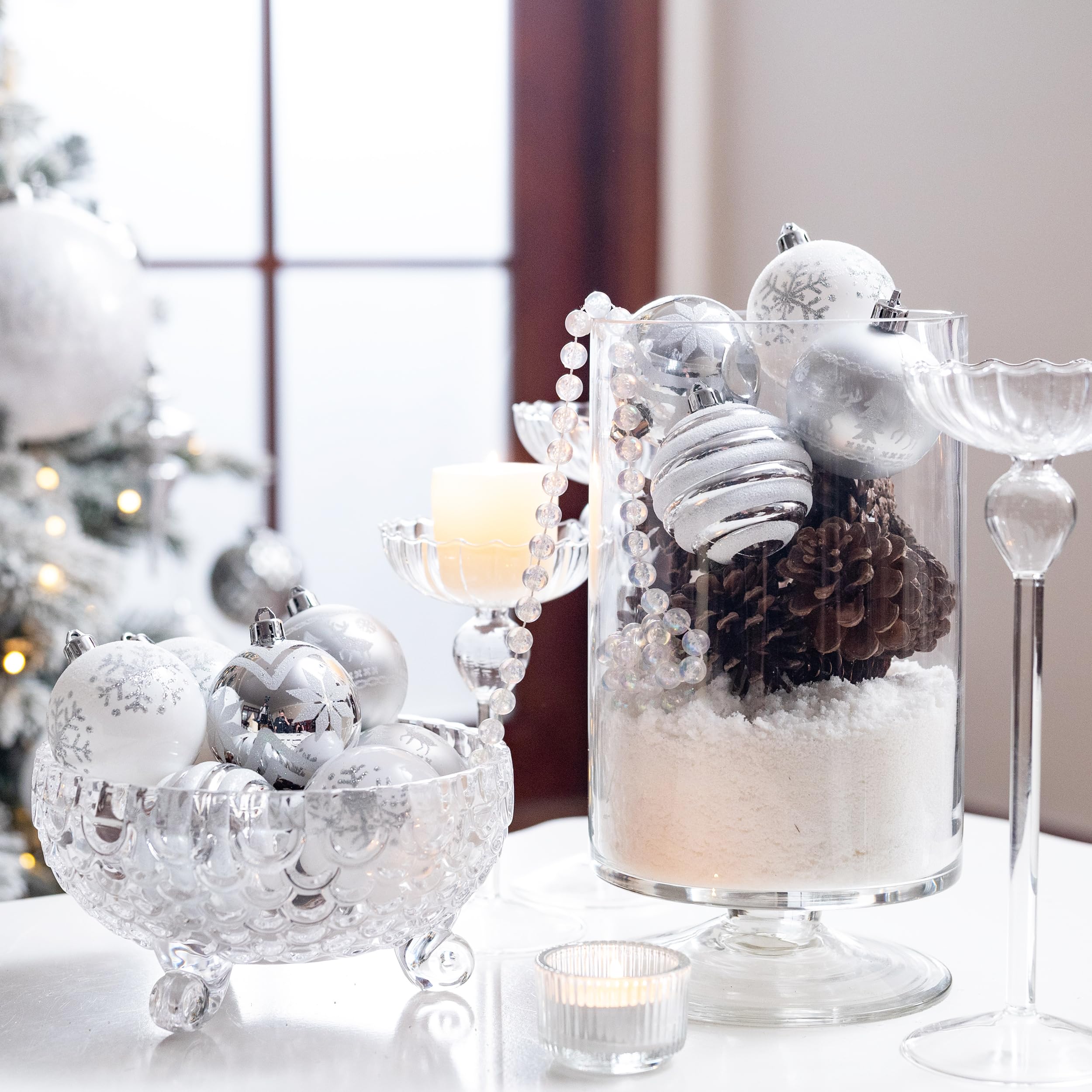 Valery Madelyn Christmas Ornaments Tree Decorations, 24ct White and Silver Shatterproof Christmas Ball Ornaments Set, 2.36 Inch
