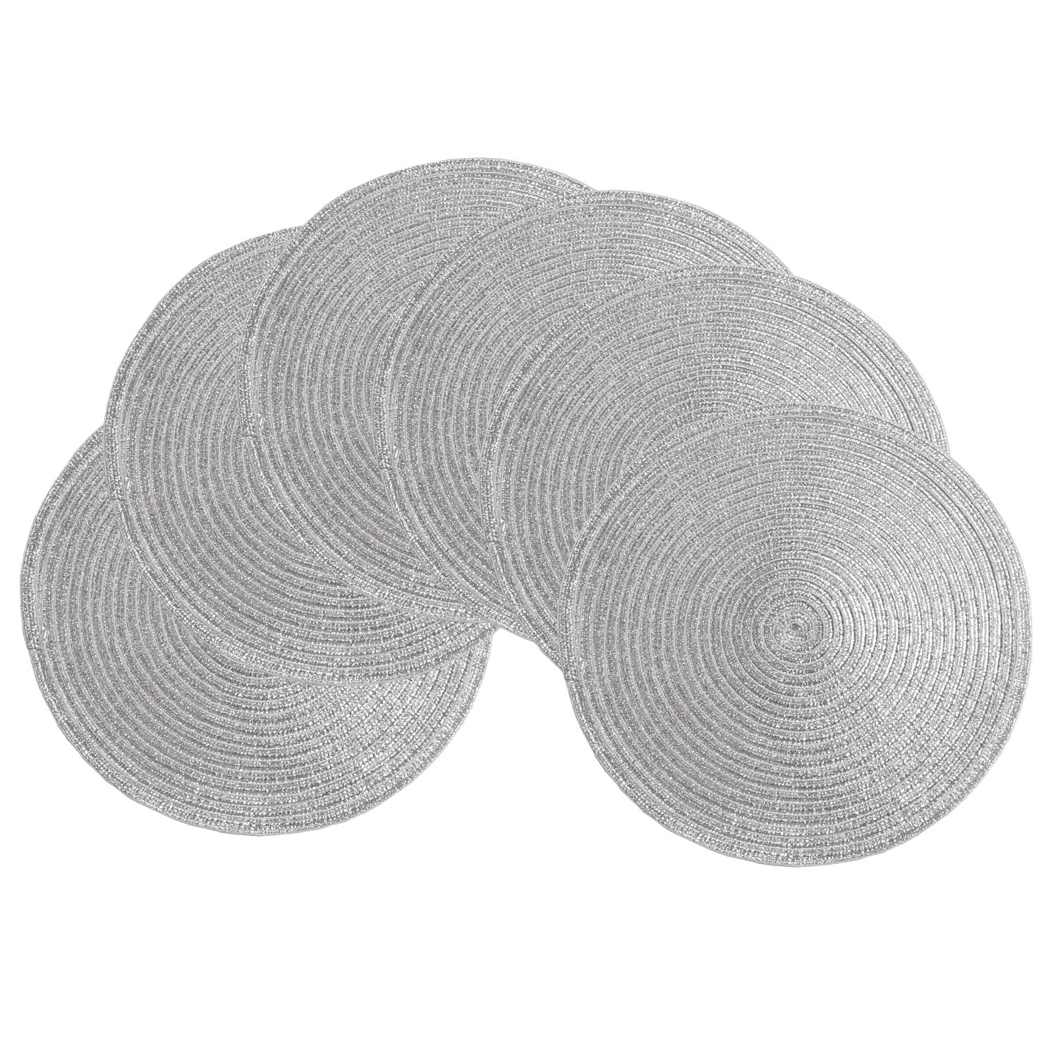 SHACOS Glitter Round Braided Placemats Set of 6 Sparkle Bling Placemats Glitz Table Mats for Home Holiday Party Wedding Festive 