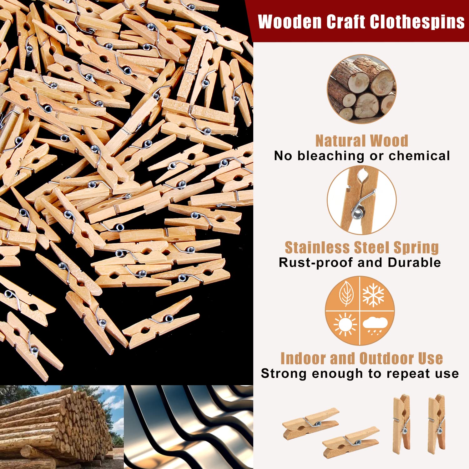Kimober 1.18Inch Wooden Clothespins,Sturdy Natural Wooden Craft Peg Pins Clips For Hanging Photos,Paper Crafts,100Pcs