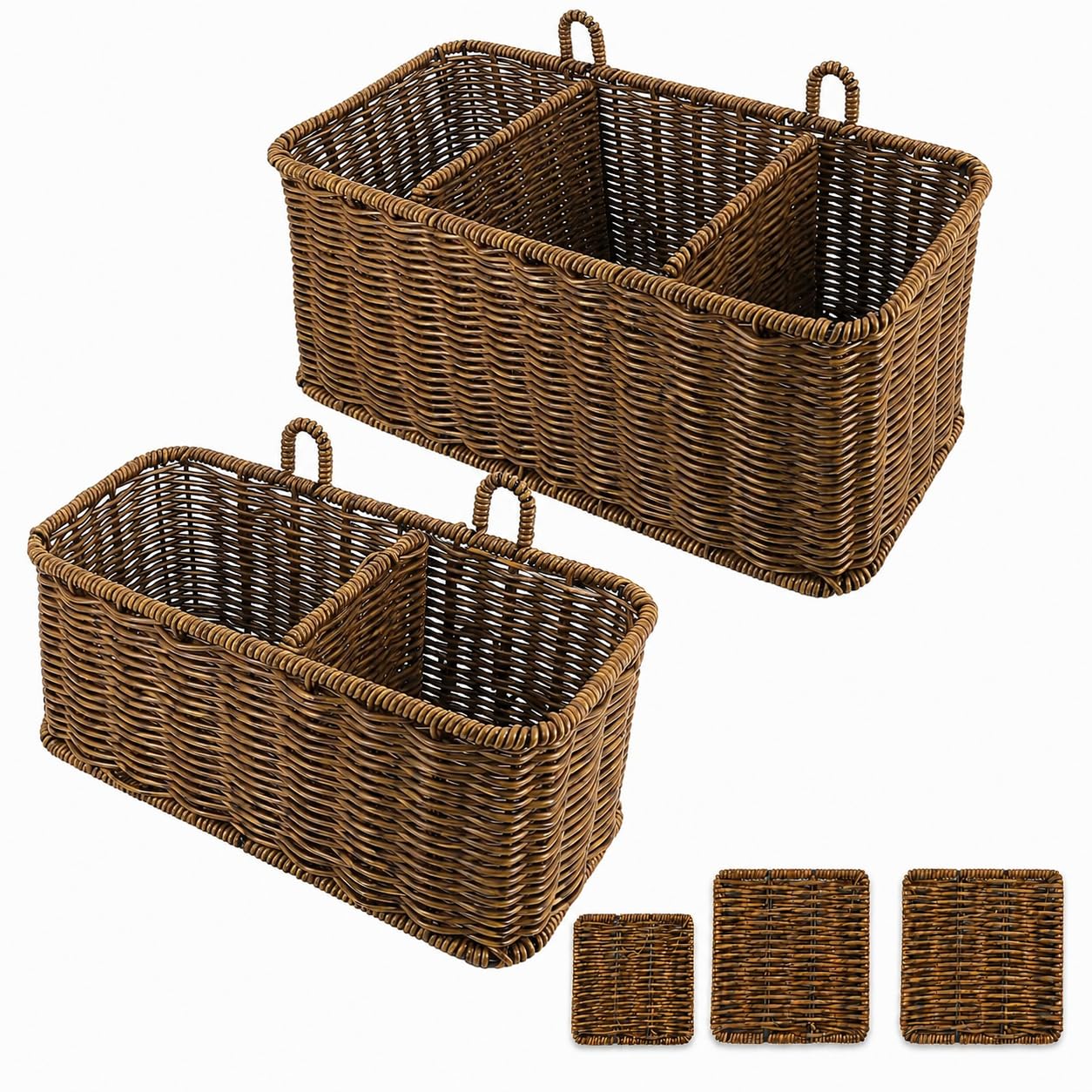 AceList Hanging Wall Basket with Removable Dividers, Set of 2 Woven Storage Baskets  Faux Rattan Wall Mounted Organizer for Kit