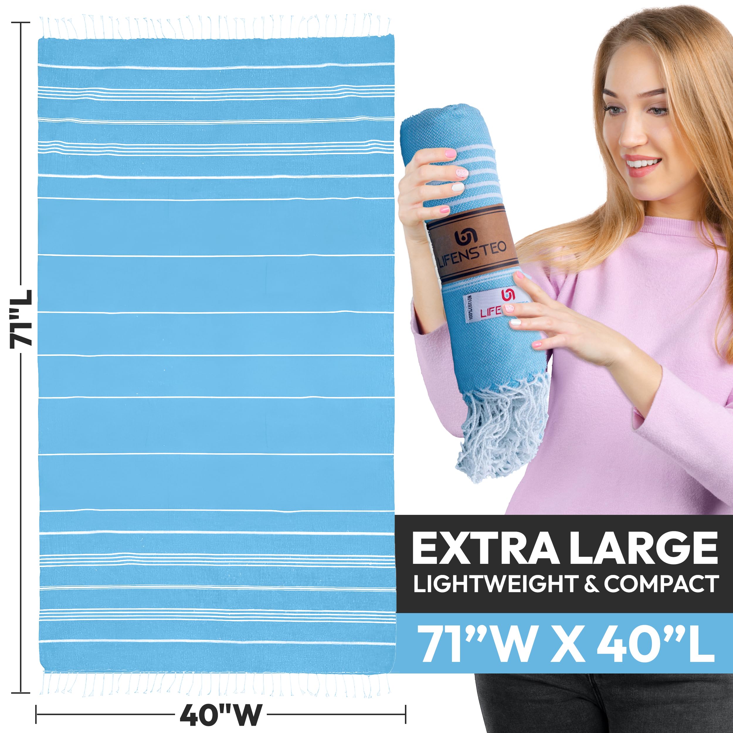Lifensteo Turkish Beach Towel - 40X71 Inch Oversized Sand Resistant Prewashed Turkish Towel - 100% Turkish Cotton Quick Drying,