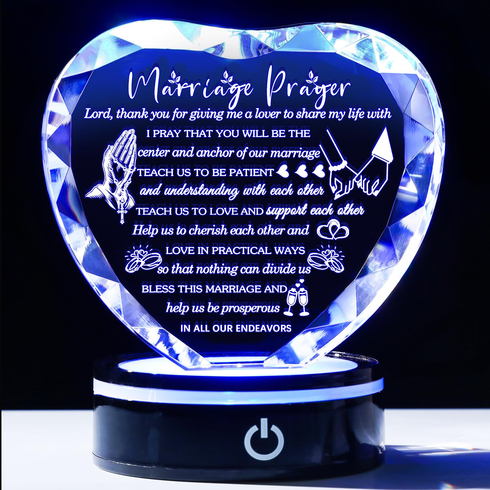 YWHL Wedding Gifts for Couples Crystal Heart Anniversary Marriage Prayer Plaque with Colorful LED Base Wedding Gift with Inspiri