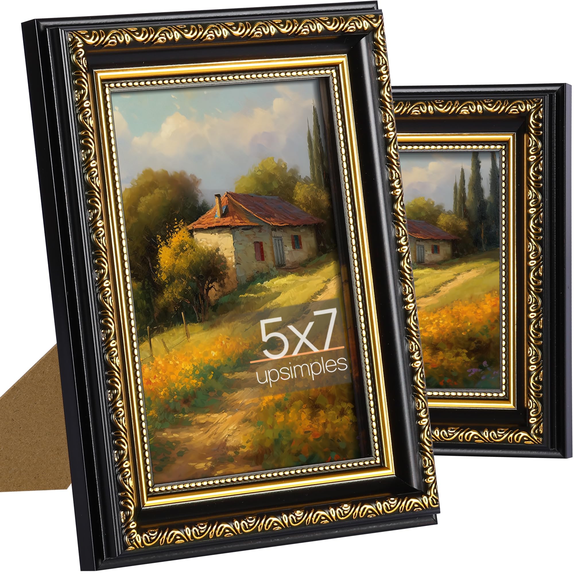 upsimples 5x7 Picture Frame with Real Glass, 2 Pack Ornate Vintage Picture Frames for Wall or Tabletop Display, Gold and Black 5