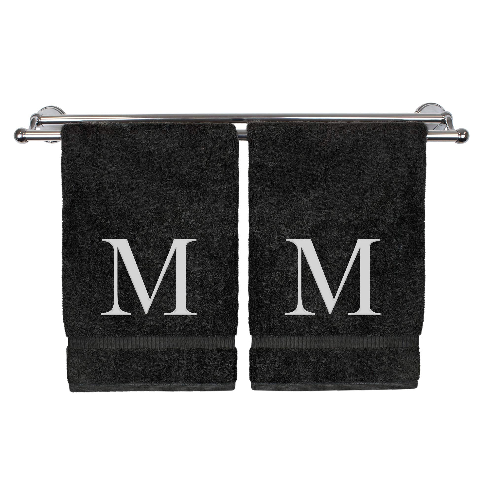Monogrammed Hand Towel  Personalized Gift  Set of 2- White Block Letter Embroidered Towel - Extra Absorbent 100% Turkish Cotton - Soft Terry Finish - Initial M Black