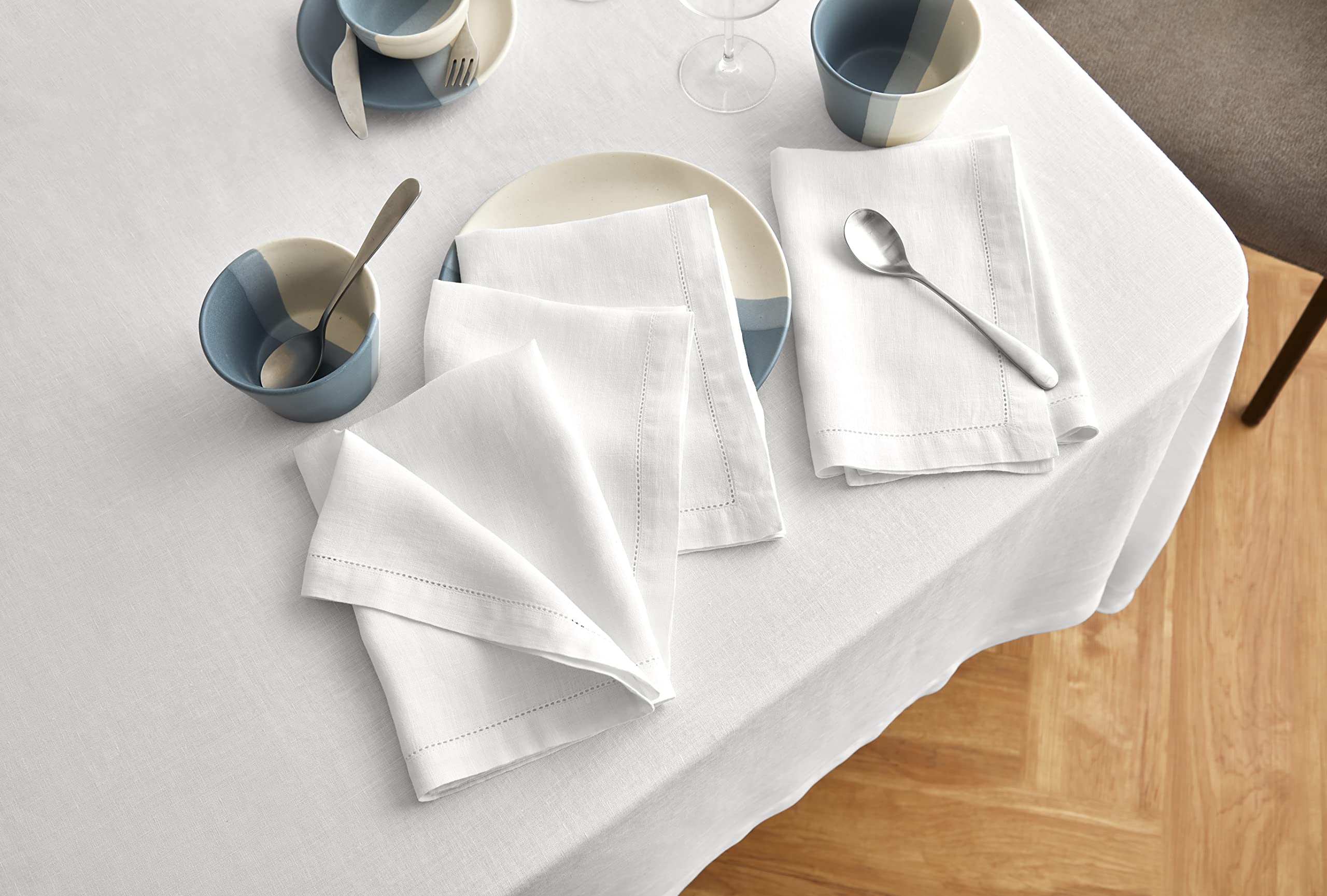 Solino Home White Linen Tablecloth 108'' L X 70'' W Inch - Sonoma Hemstitch 100% Pure Linen Prewashed Table Cloth For Rectangle
