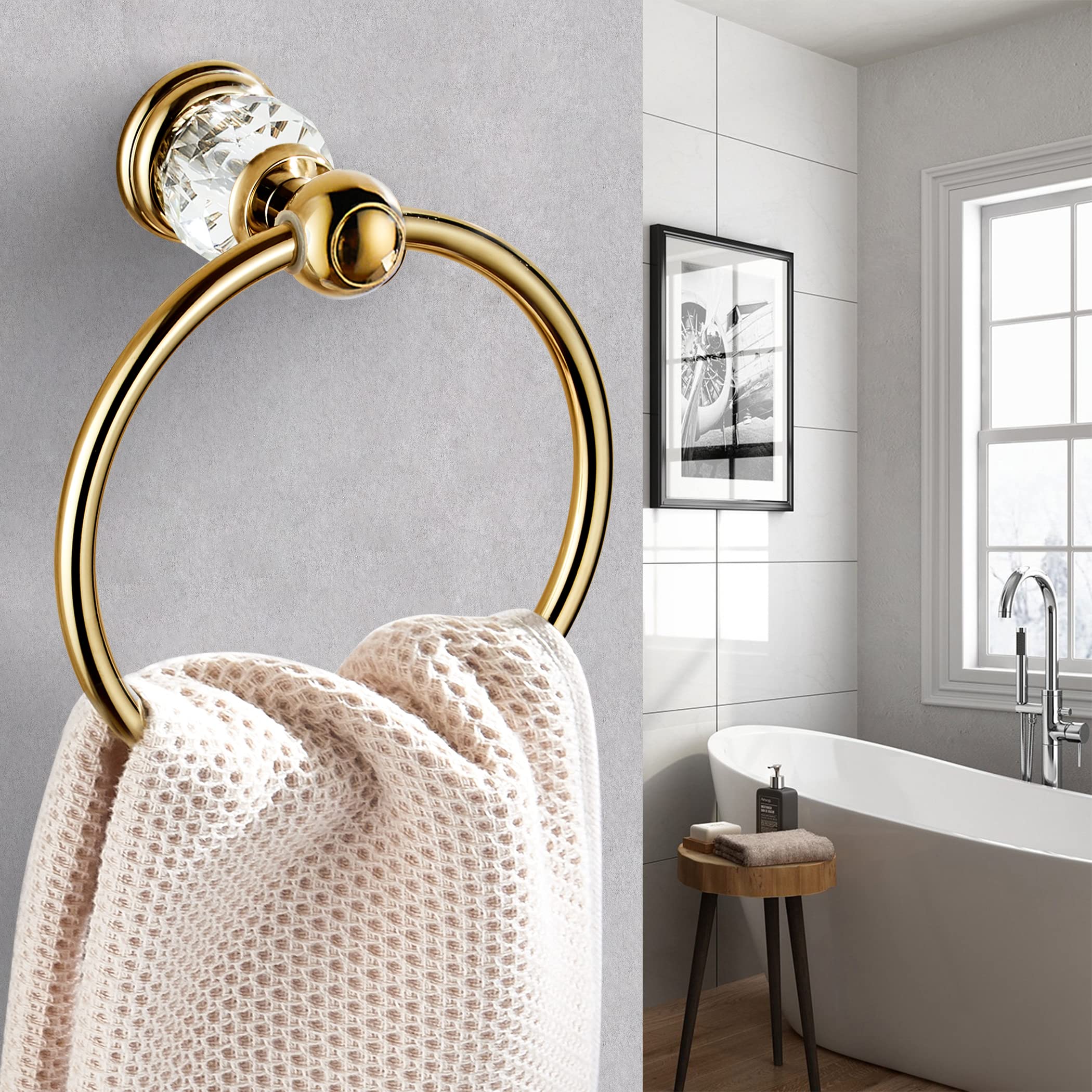 WINCASE Crystal Towel Ring  Gold Towel Holders for Bathrooms  Round Hand Towel Rack Wall Mounted Decorative
