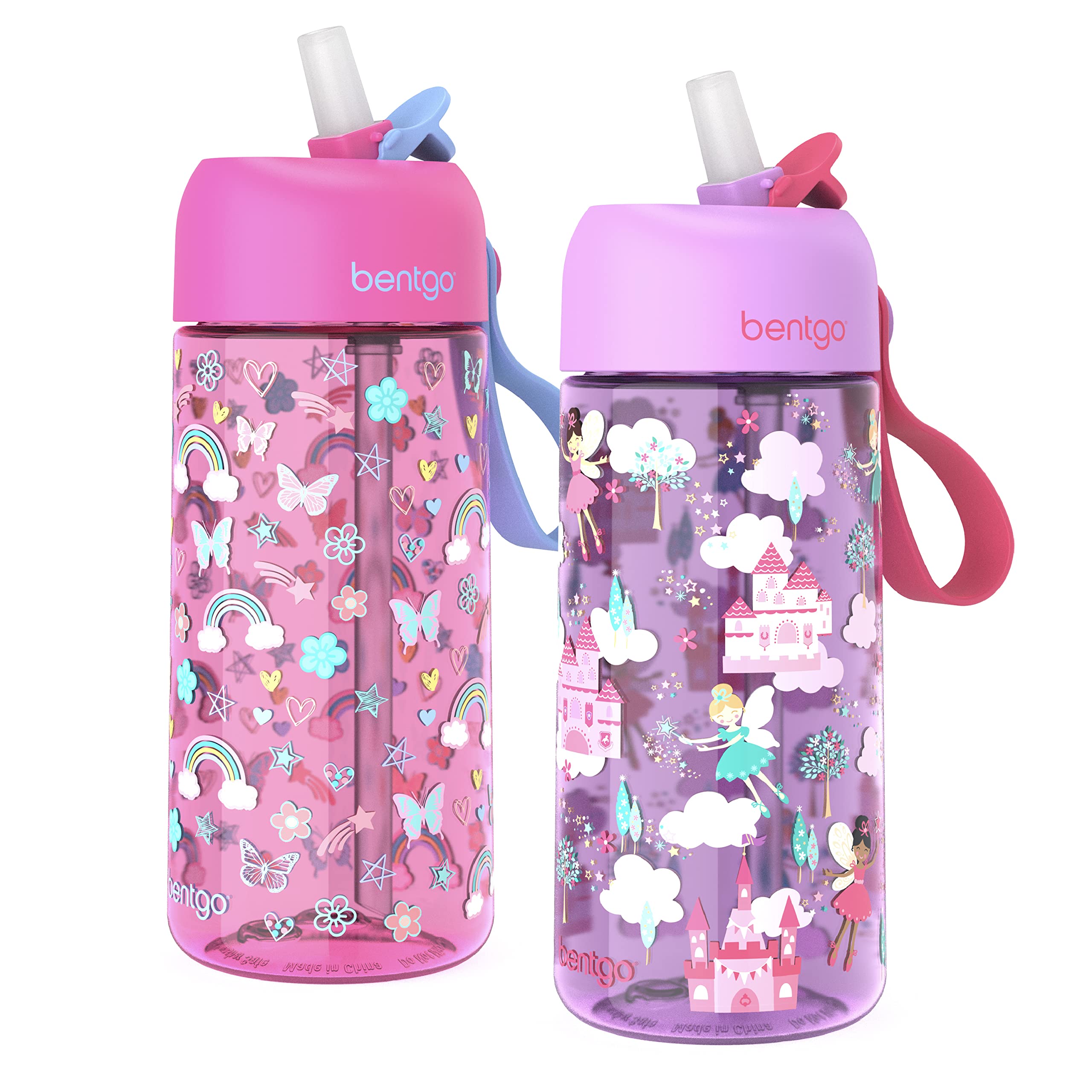 Bentgo Kids Water Bottle 2-Pack - New, Improved 2023 Leak-Proof Bpa-Free 15 Oz Cups For Toddlers & Children Flip-Up Safe-Sip Str