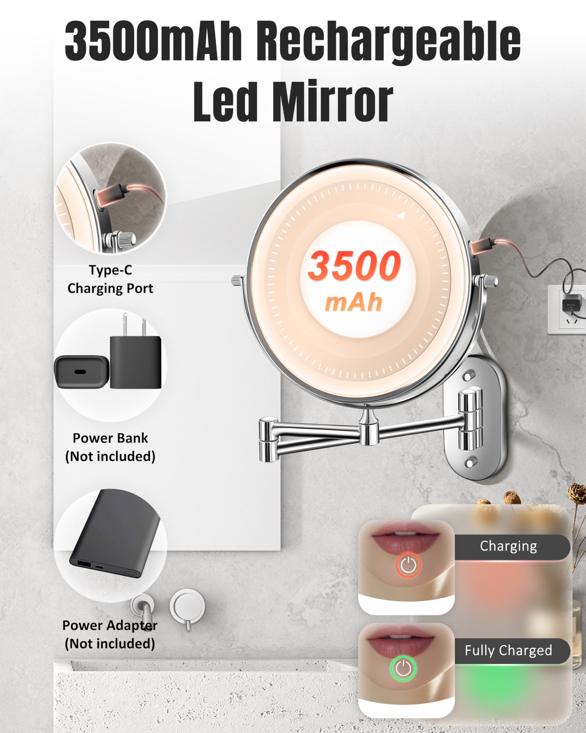 Wall Mounted Makeup Mirror With Light, 20X/1X 8'' Double Sided Led Magnifying Bathroom Lighted Vanity Mirror With Magnification,