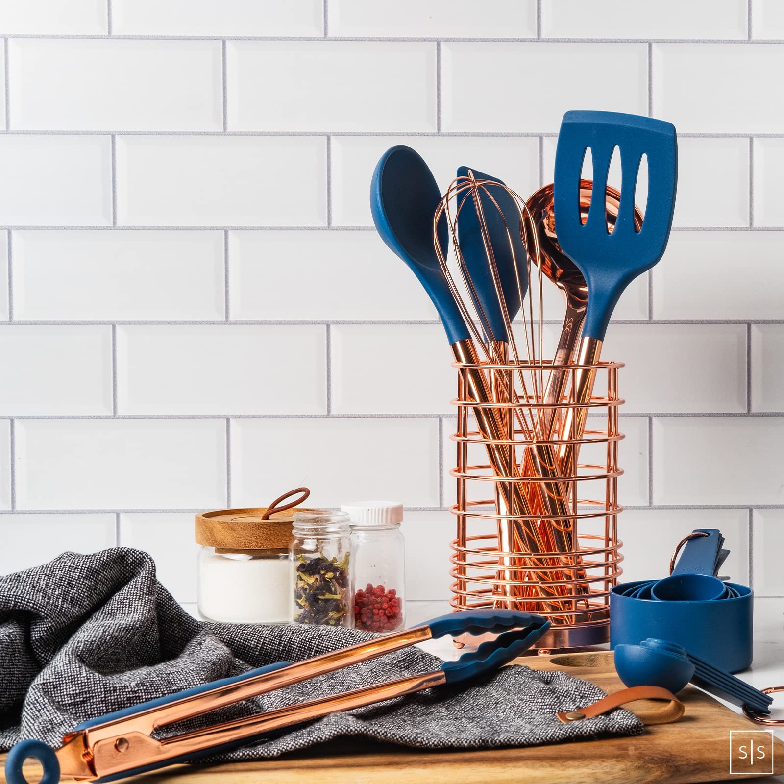Copper And Blue Silicone Kitchen Utensils Set -17Pc Set Includes Copper Utensil Holder, Blue Measuring Cups & Spoons, Copper Kit