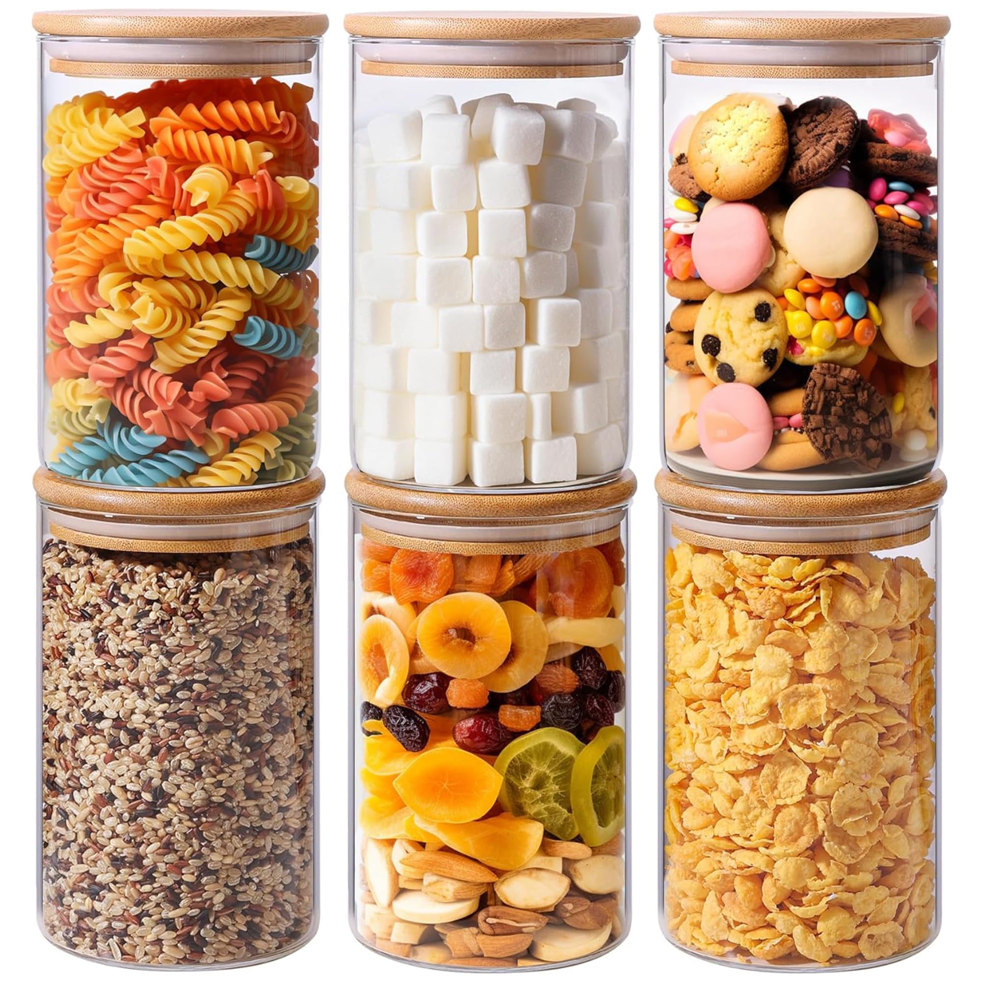 Home Puff Glass Canisters Set Of 6 X 750Ml| High Borosilicate Glass Food Grade Jar Storage Containers With Bamboo Lids, Airtight