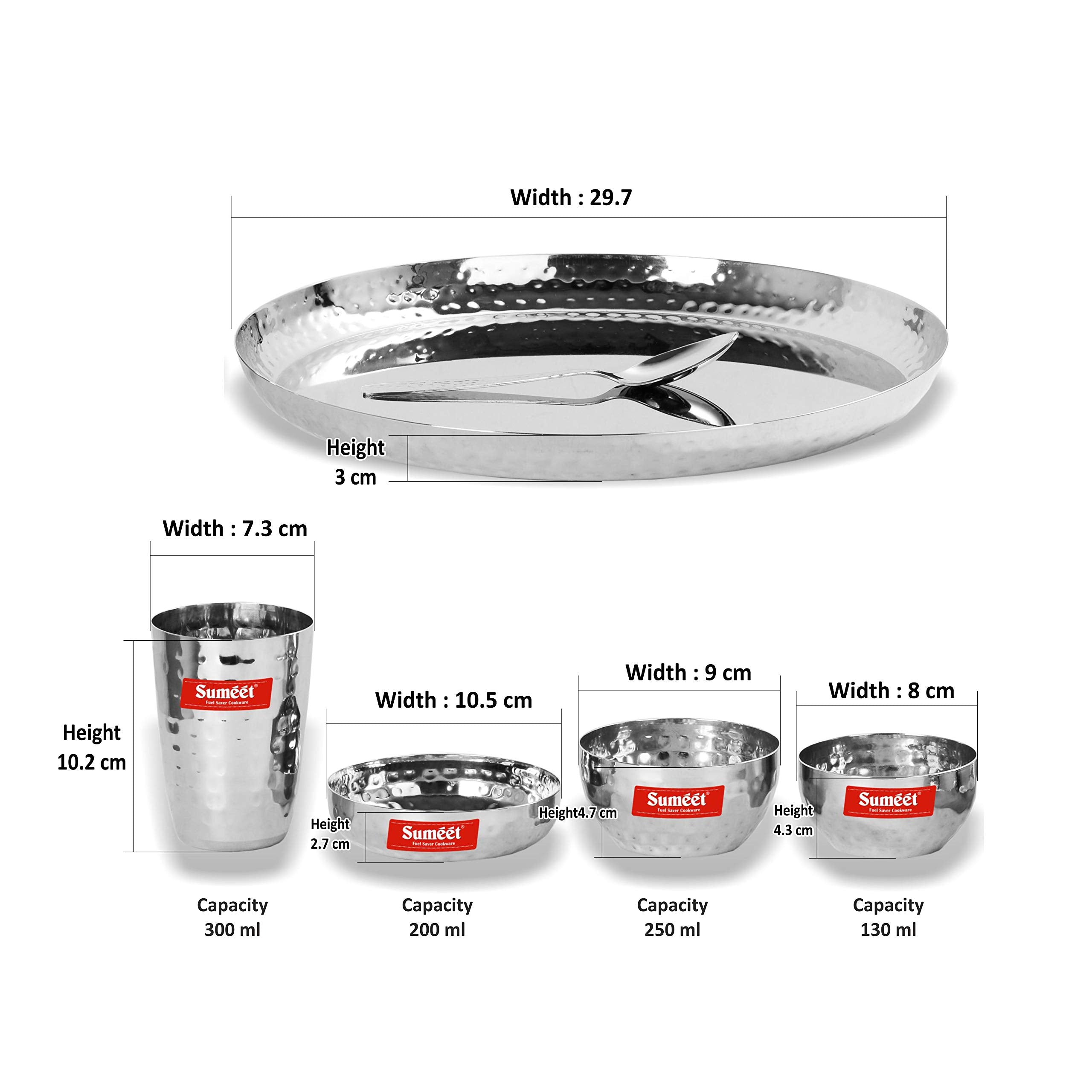 Sumeet Stainless Steel Handcrafted Hammered Texture Heavy Gauge Mirror Finish Royal Dinner set of 24 Pcs (4 Plate, 4 Small Halwa