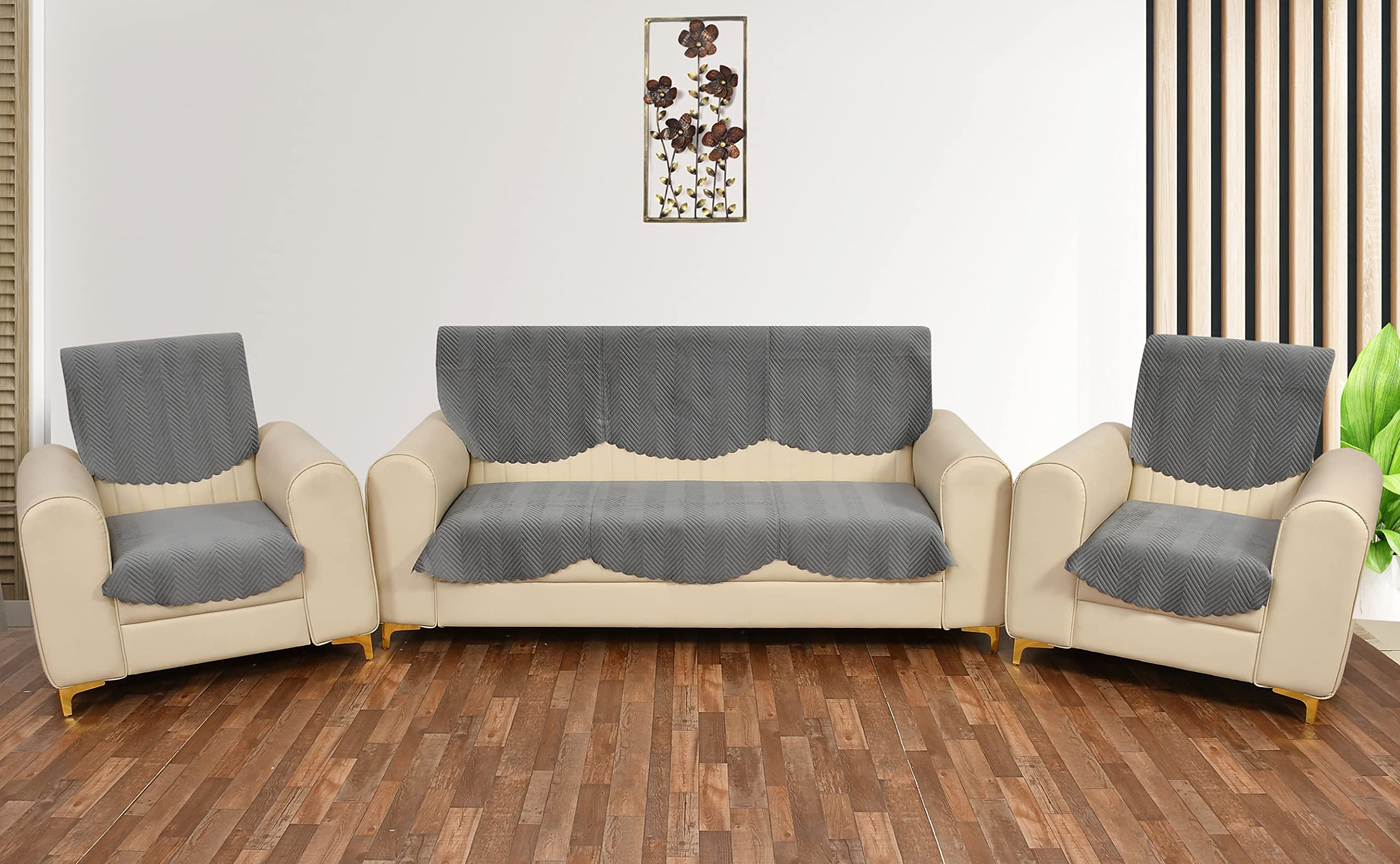 Yellow Weaves Velvet 5 Seater Quilted Sofa Cover And Chair Cover, Seat&Back Cover, Color - Dark Grey